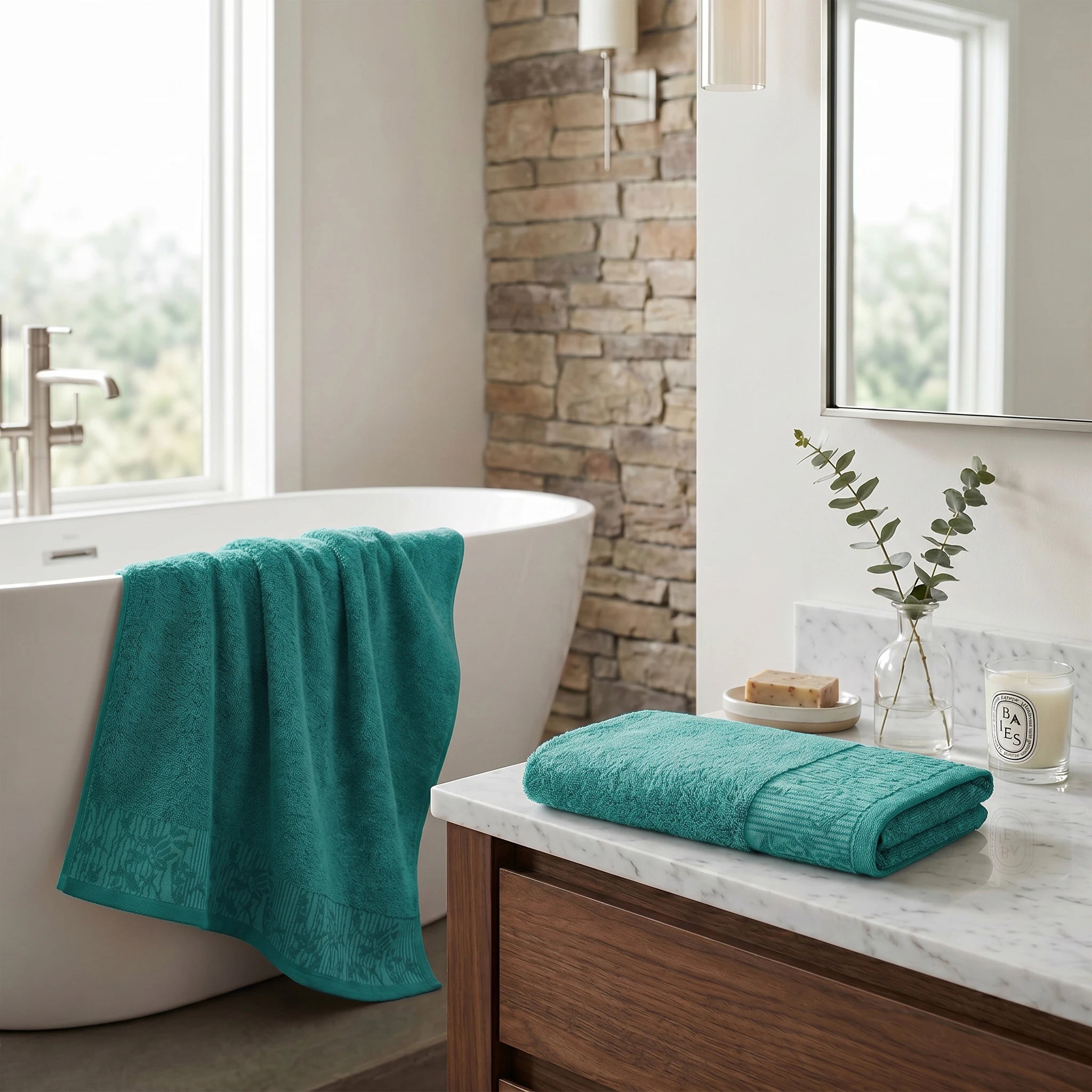Wisteria Floral Jacquard Cotton Bath Towels – Absorbent Medium Weight Full Body Towels