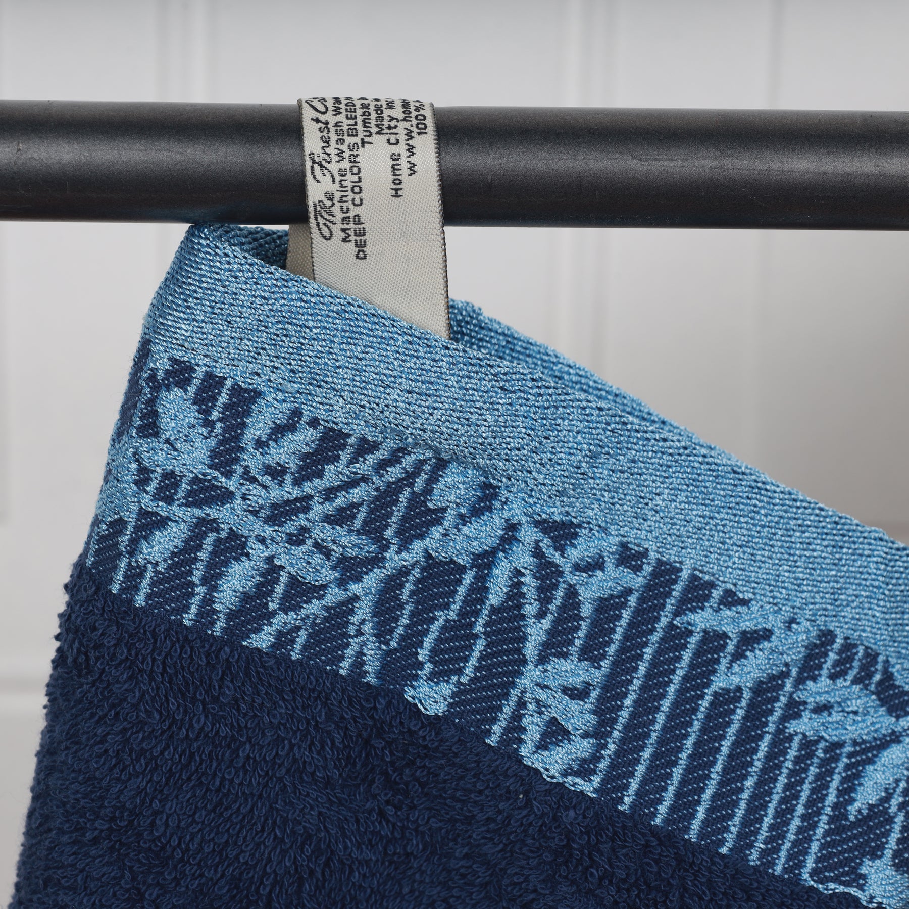 Superior Wisteria Cotton Floral Jacquard Border Bath Towels  - Navy Blue