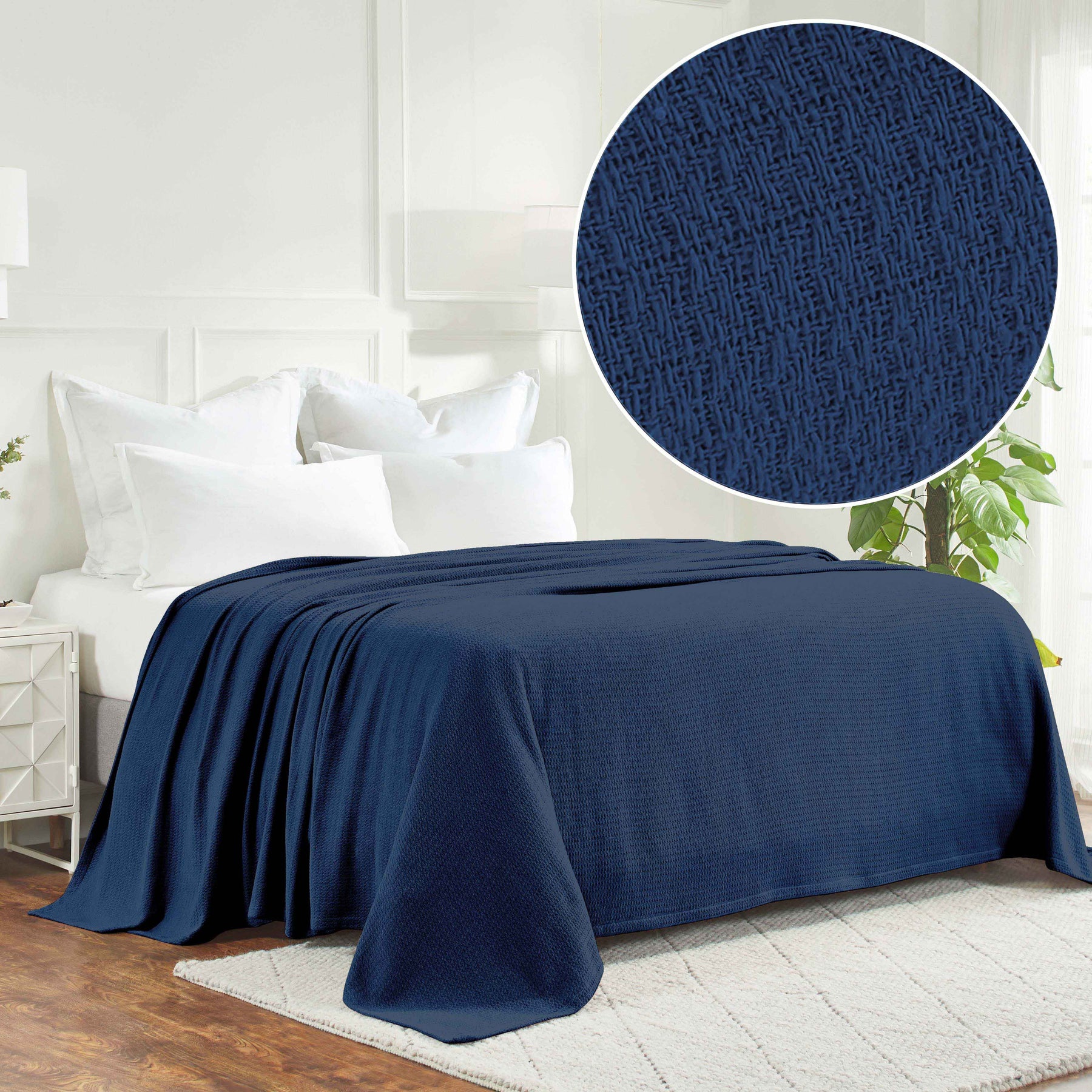 Waffle Weave Honeycomb Knit Soft Solid Textured Cotton Blanket - Navy Blue