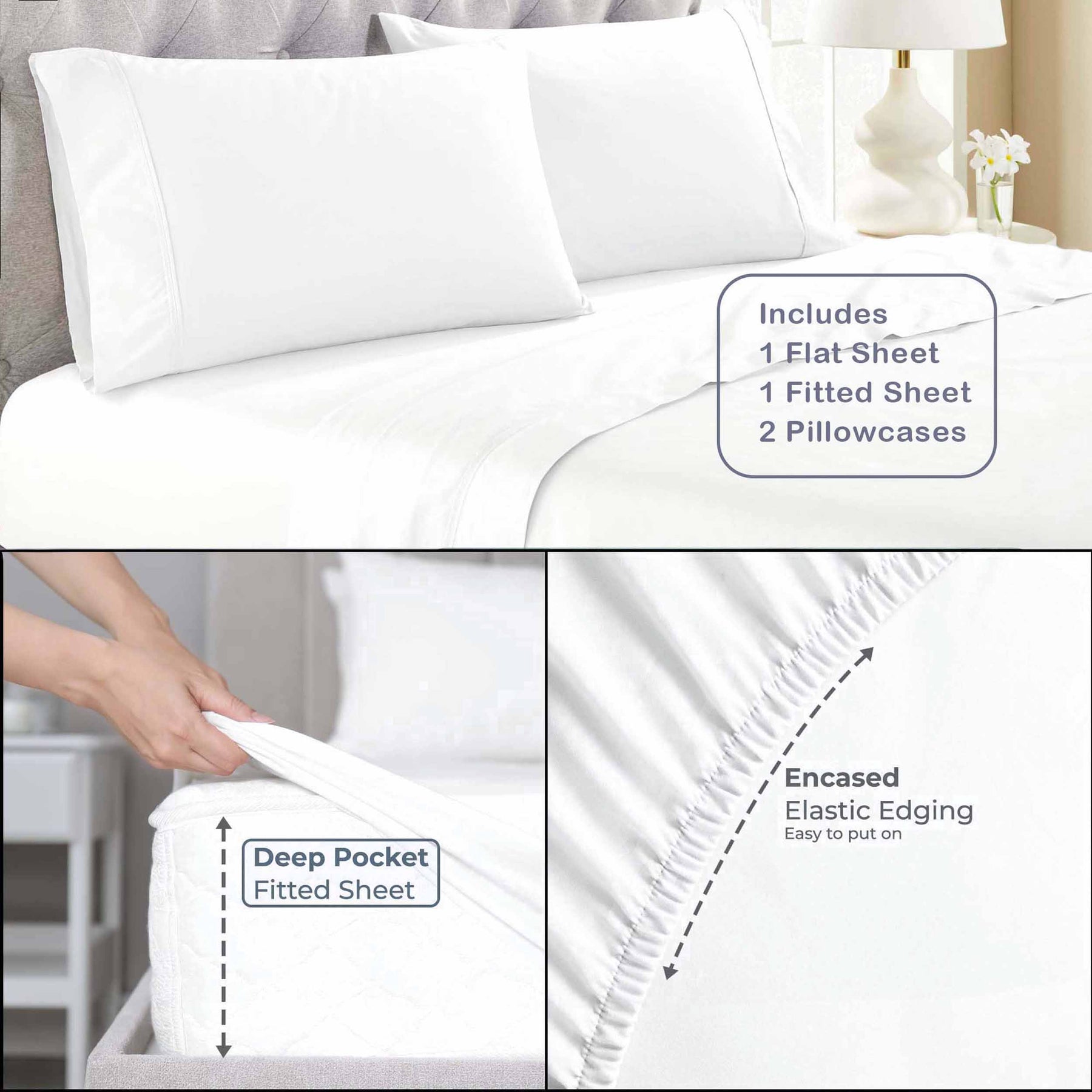 Organic Cotton 300 Thread Count Percale Deep Pocket Bed Sheet Set -White