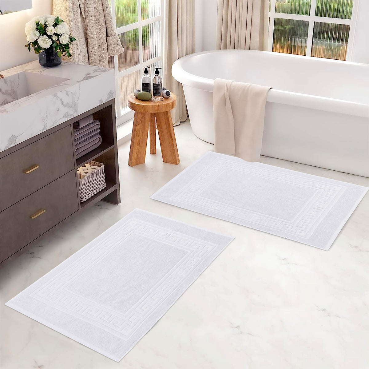 100% Cotton Highly-Absorbent Greek Key Border Solid 2-Piece Bath Mat Set - White