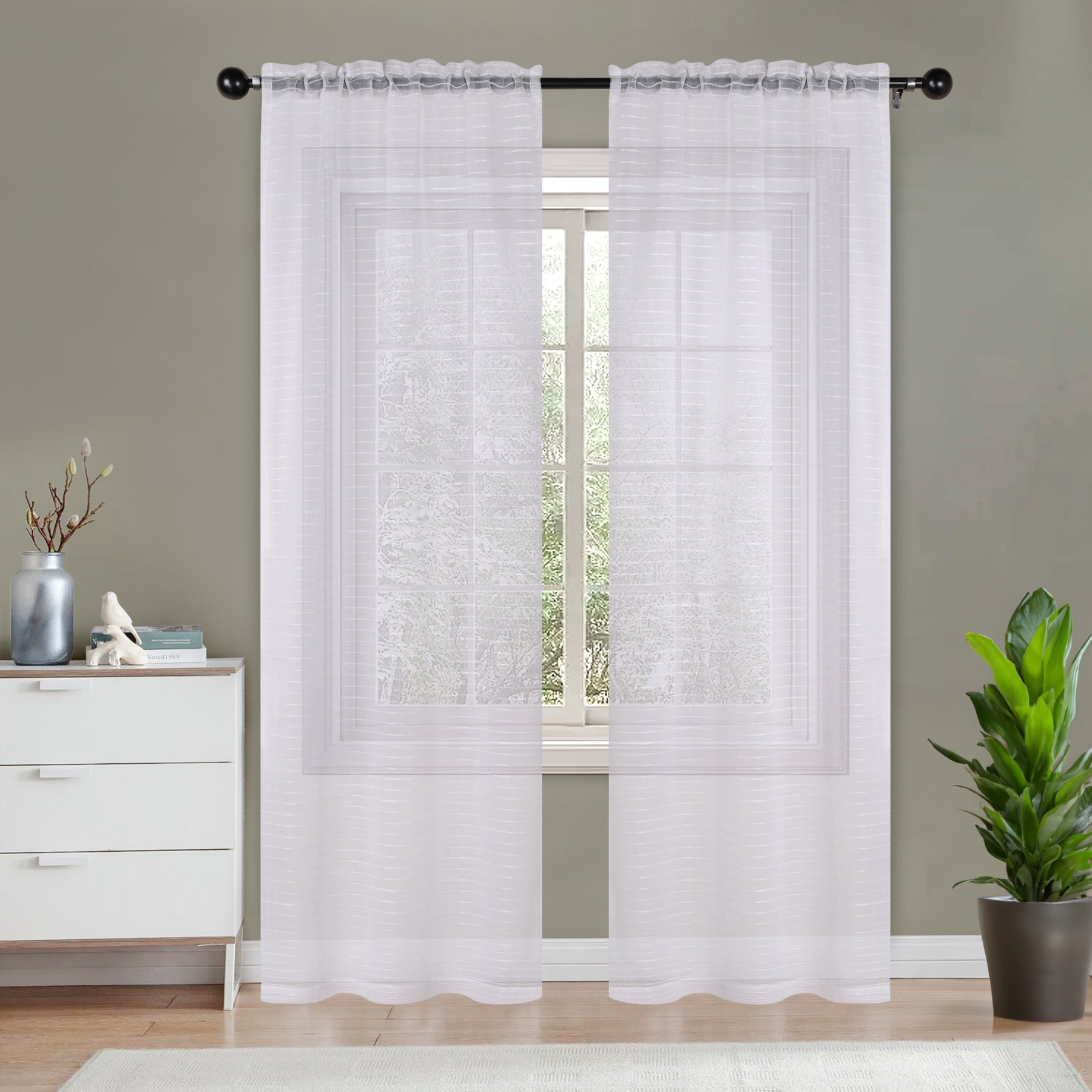 Jackson Striped Sheer Window Curtain Panels - White