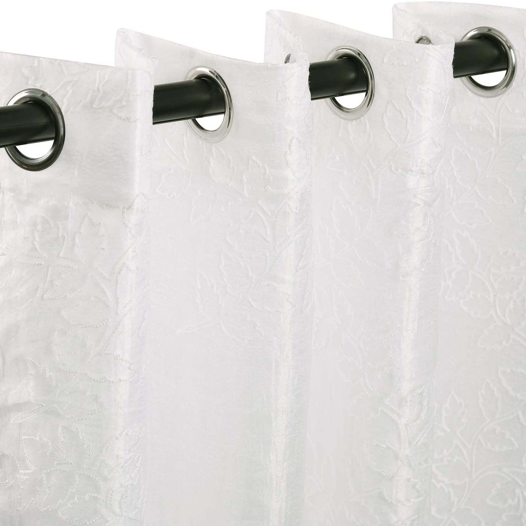 Embroidered Leaves Grommet 2 Piece Layered Sheer Curtain Panel Set - White