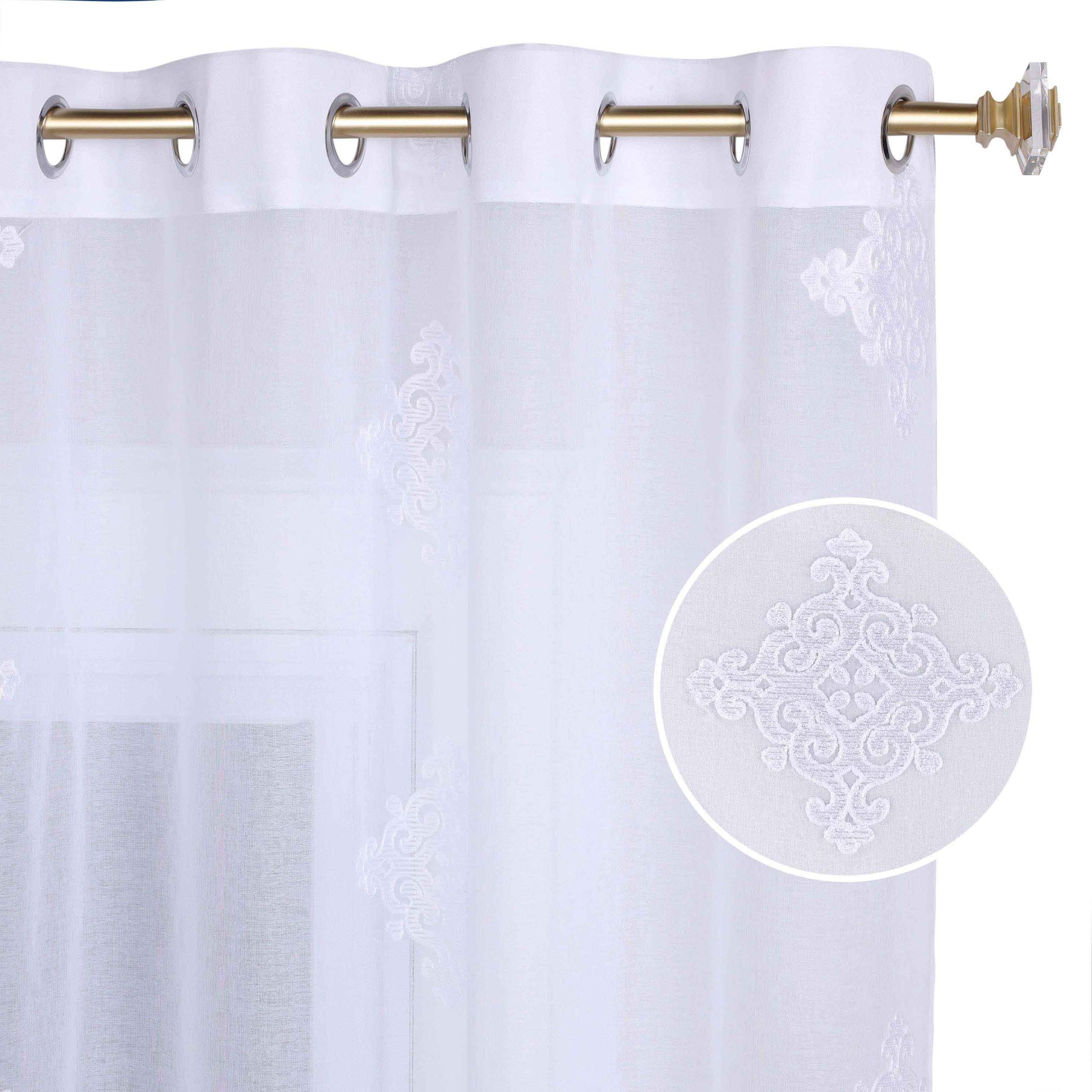 Sheer Traditional Embroidered Damask Grommet Curtain Panel Set - White