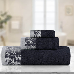 Superior Wisteria Cotton Floral Jacquard 3 Piece Towel Set  - Black