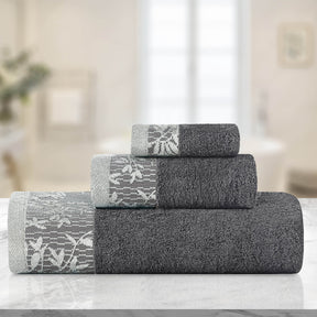 Superior Wisteria Cotton Floral Jacquard 3 Piece Towel Set  - Grey