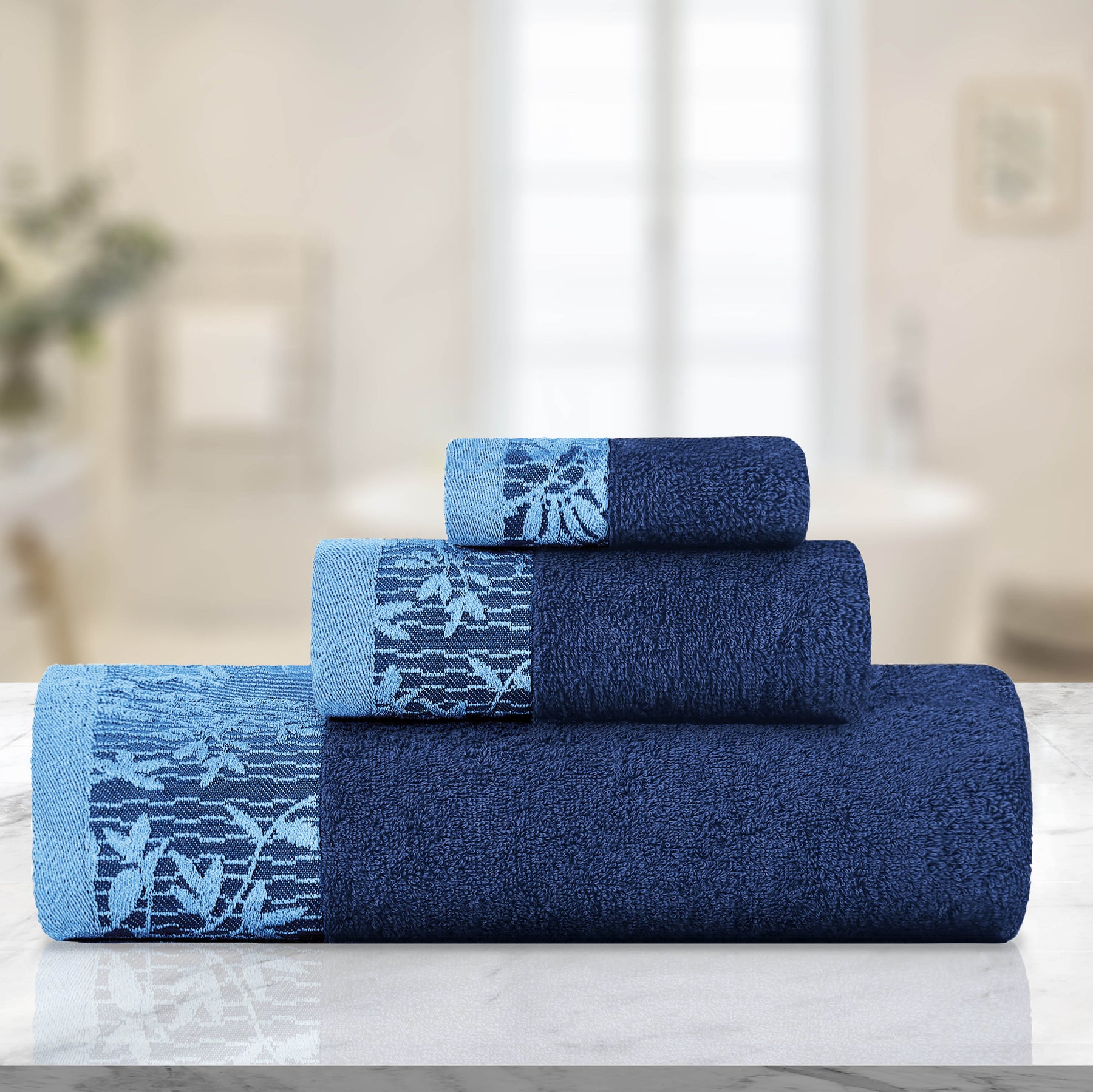 Superior Wisteria Cotton Floral Jacquard 3 Piece Towel Set  - Navy Blue
