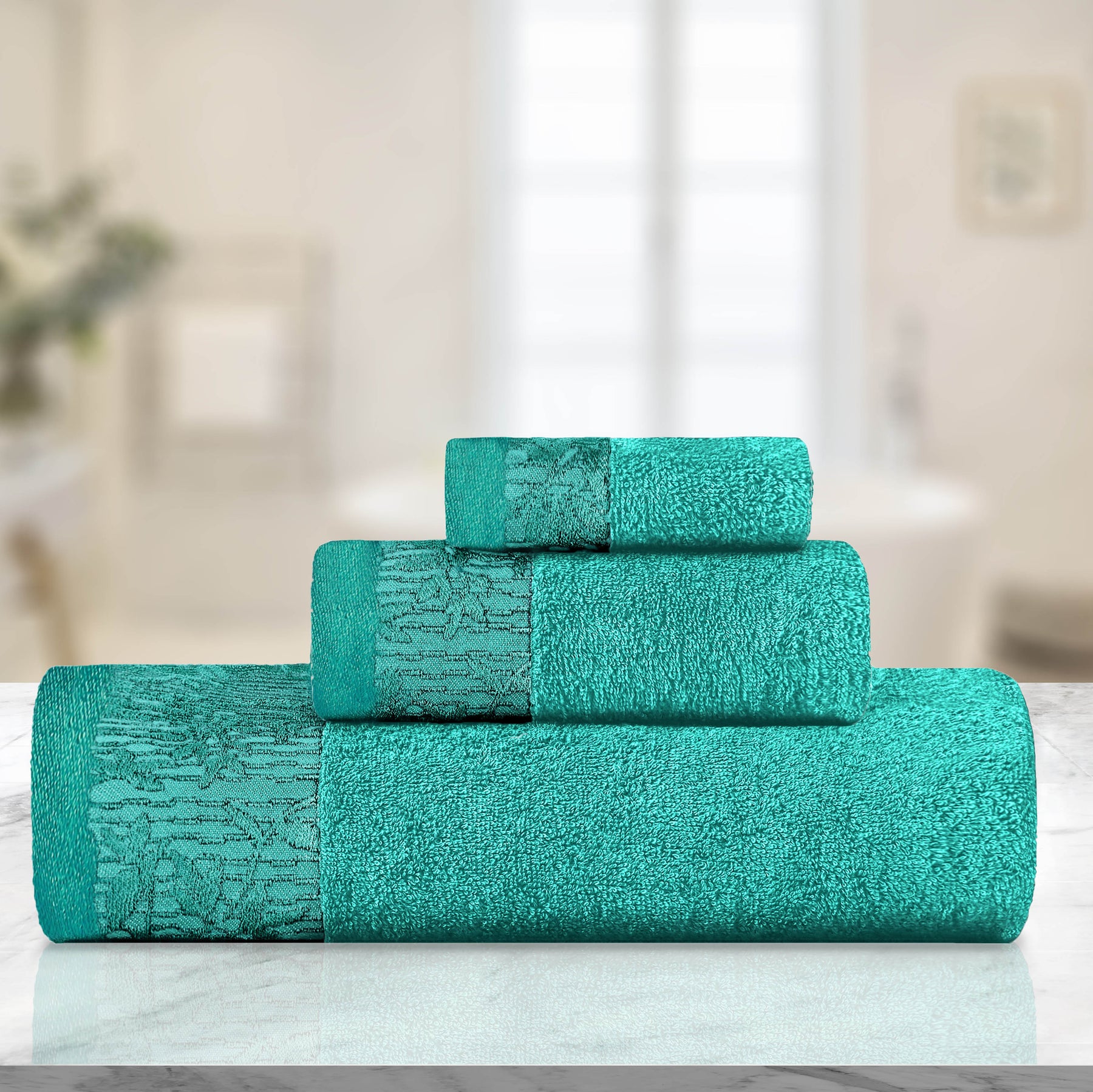 Superior Wisteria Cotton Floral Jacquard 3 Piece Towel Set  - Turquoise