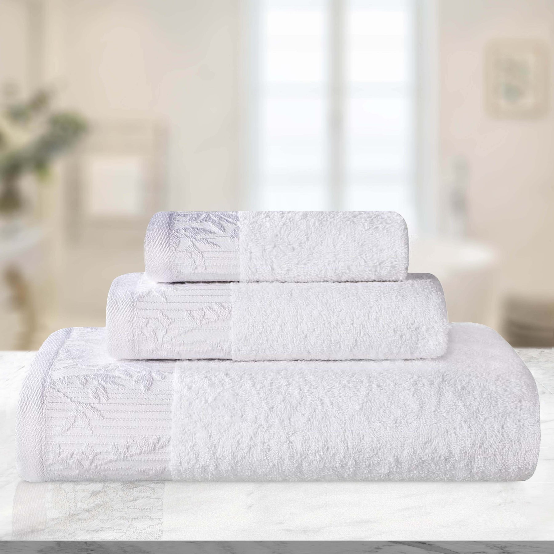 Superior Wisteria Cotton Floral Jacquard 3 Piece Towel Set  - White-White