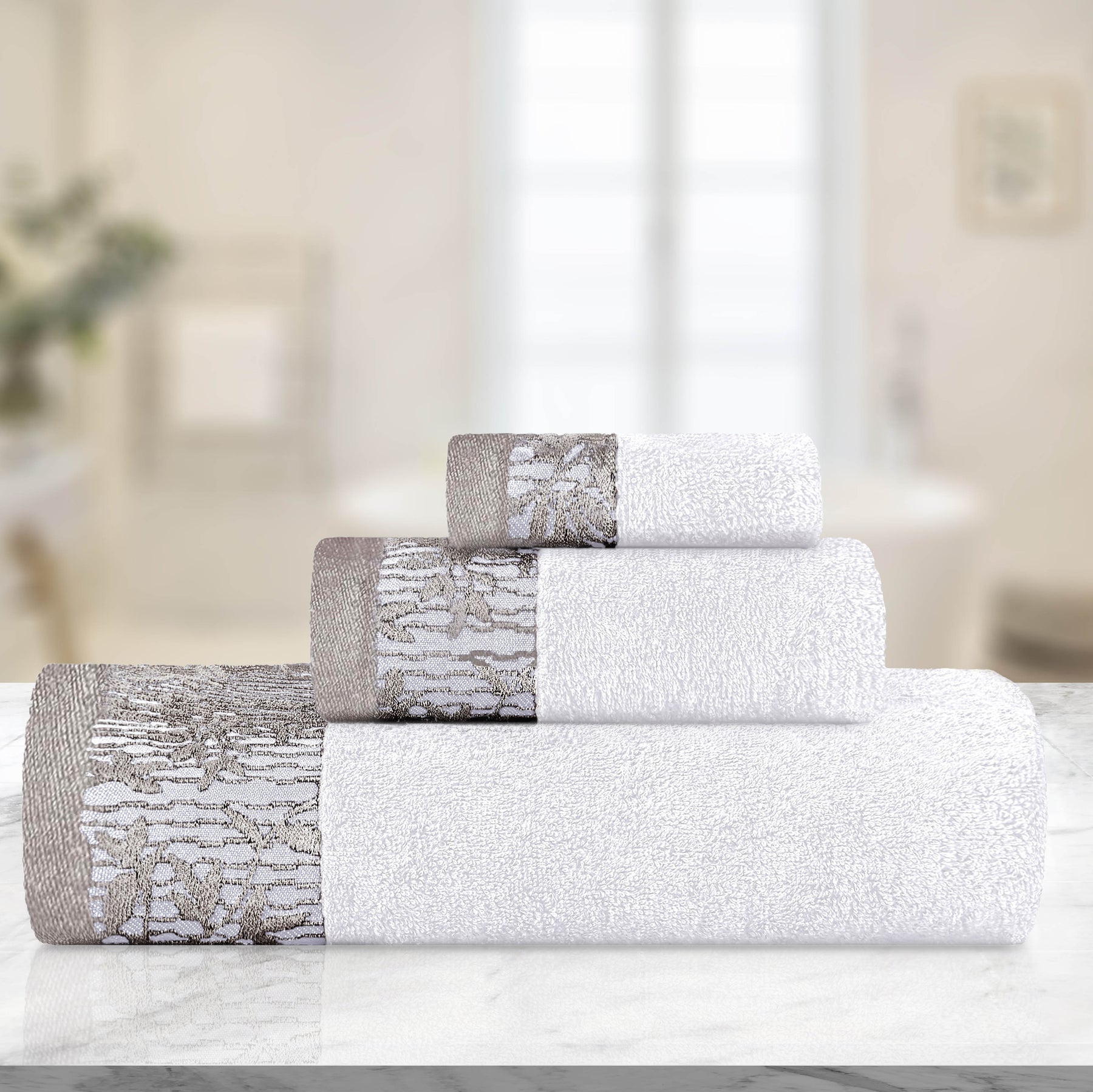 Superior Wisteria Cotton Floral Jacquard 3 Piece Towel Set  - White