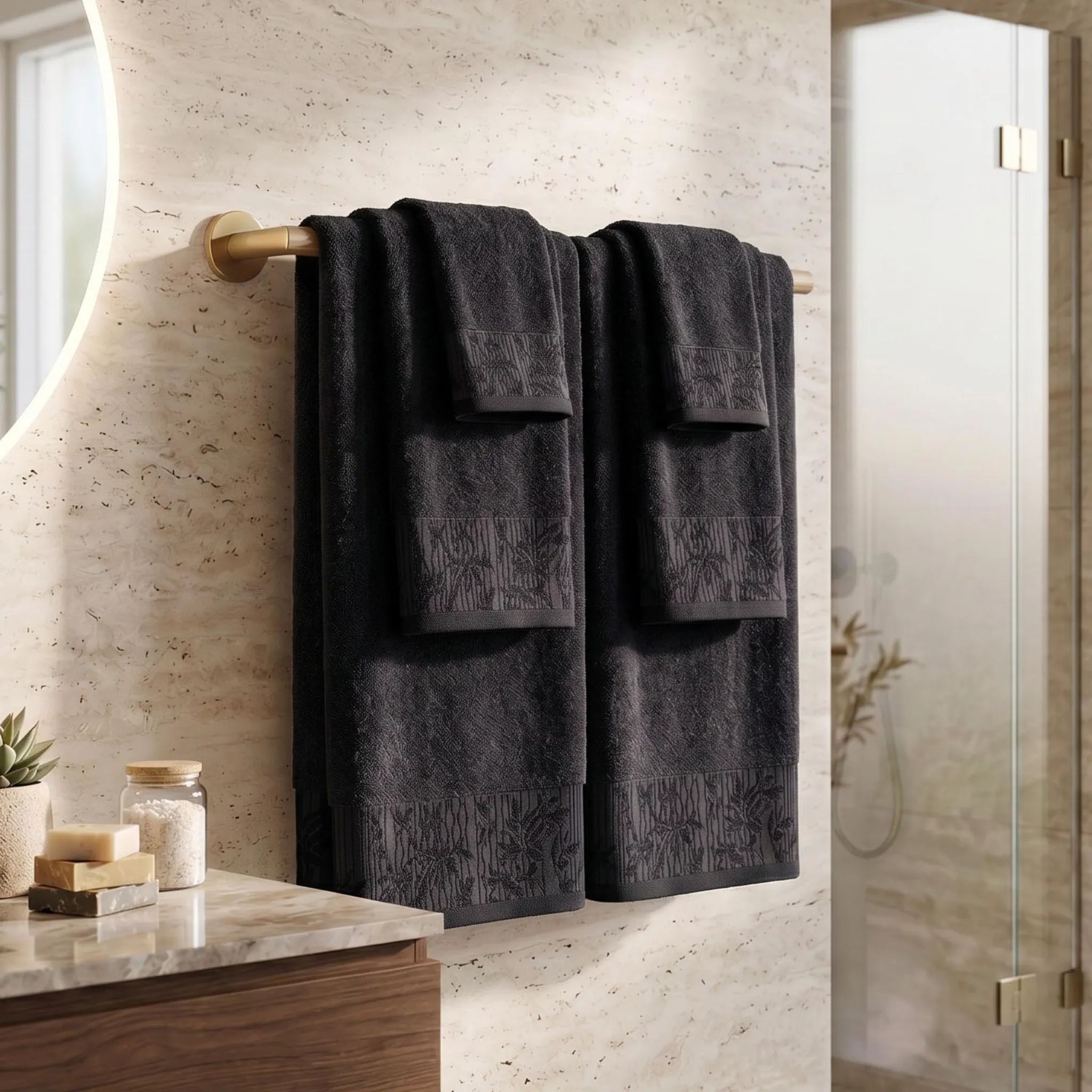 Wisteria Floral Jacquard 6-Piece Cotton Towel Set – Medium Weight Bathroom Towels