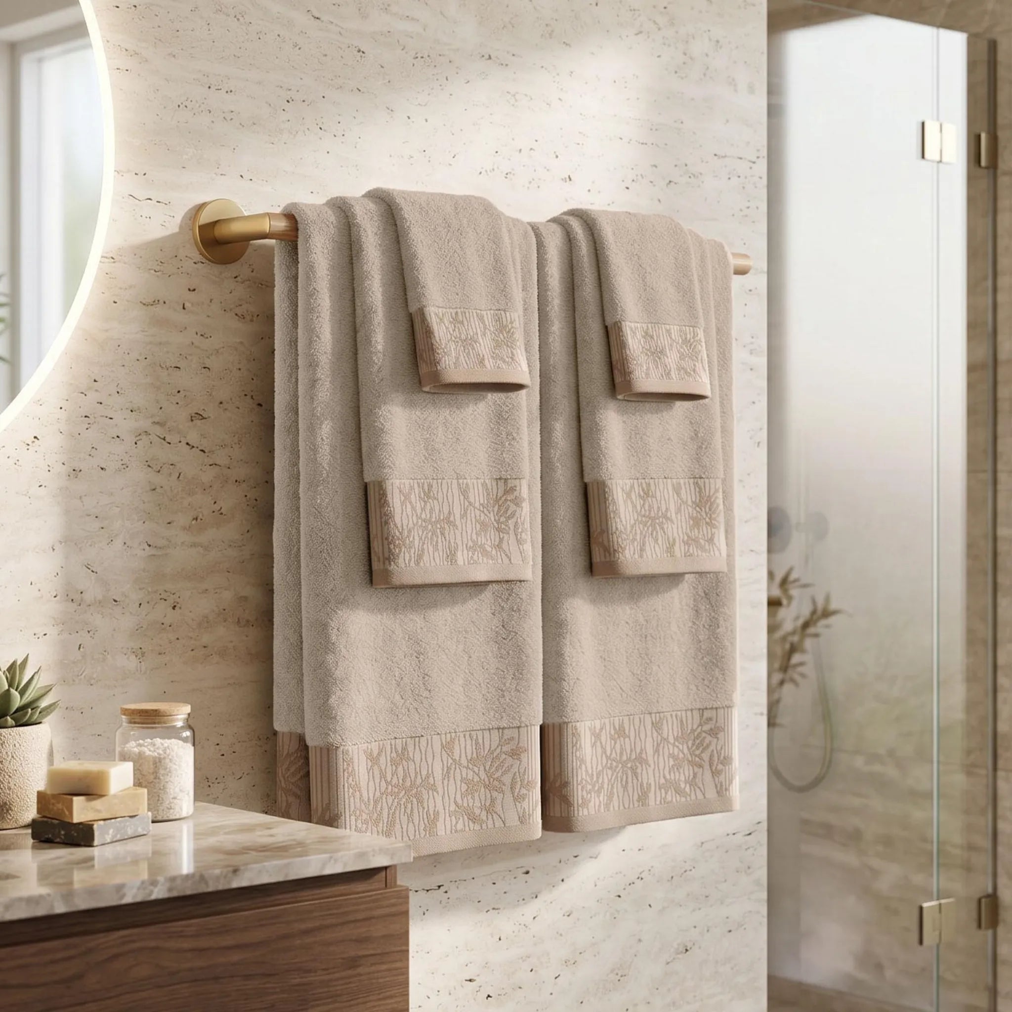 Wisteria Floral Jacquard 6-Piece Cotton Towel Set – Medium Weight Bathroom Towels