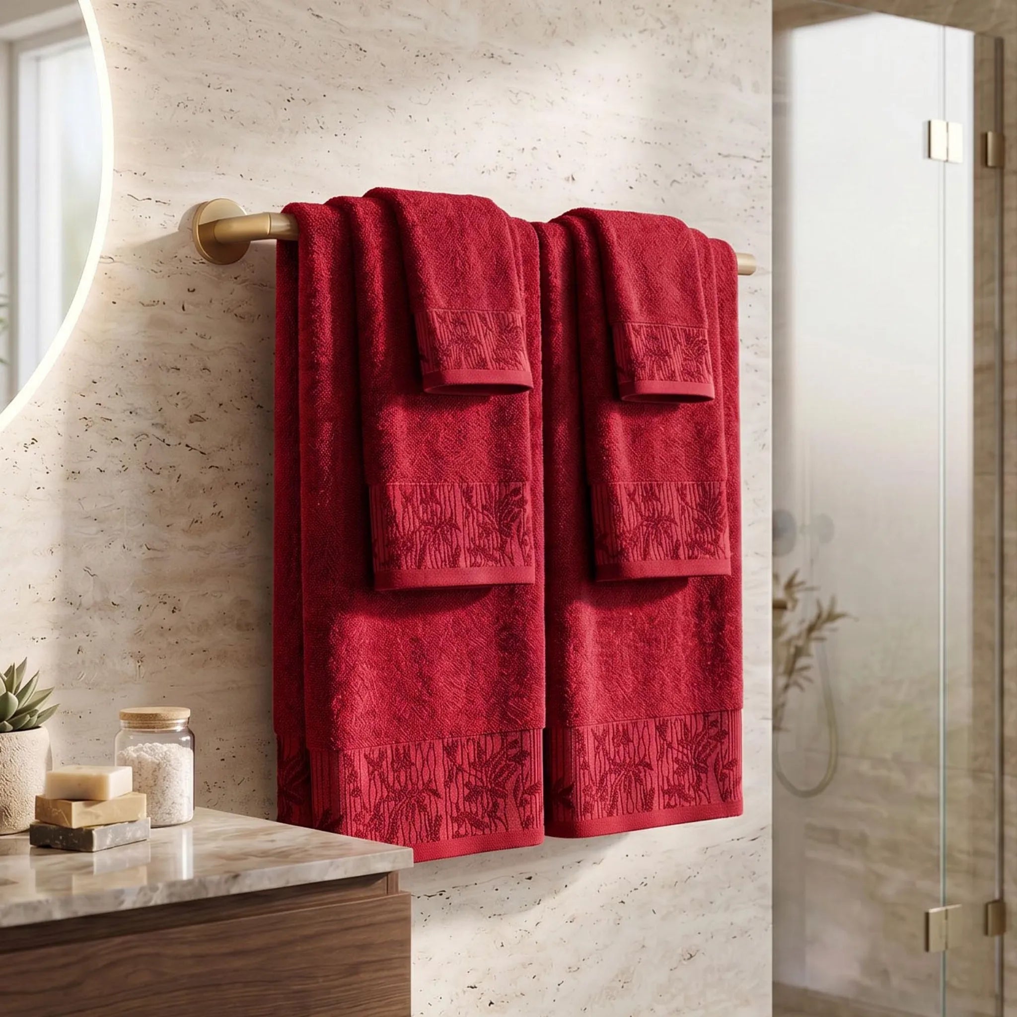 Wisteria Floral Jacquard 6-Piece Cotton Towel Set – Medium Weight Bathroom Towels