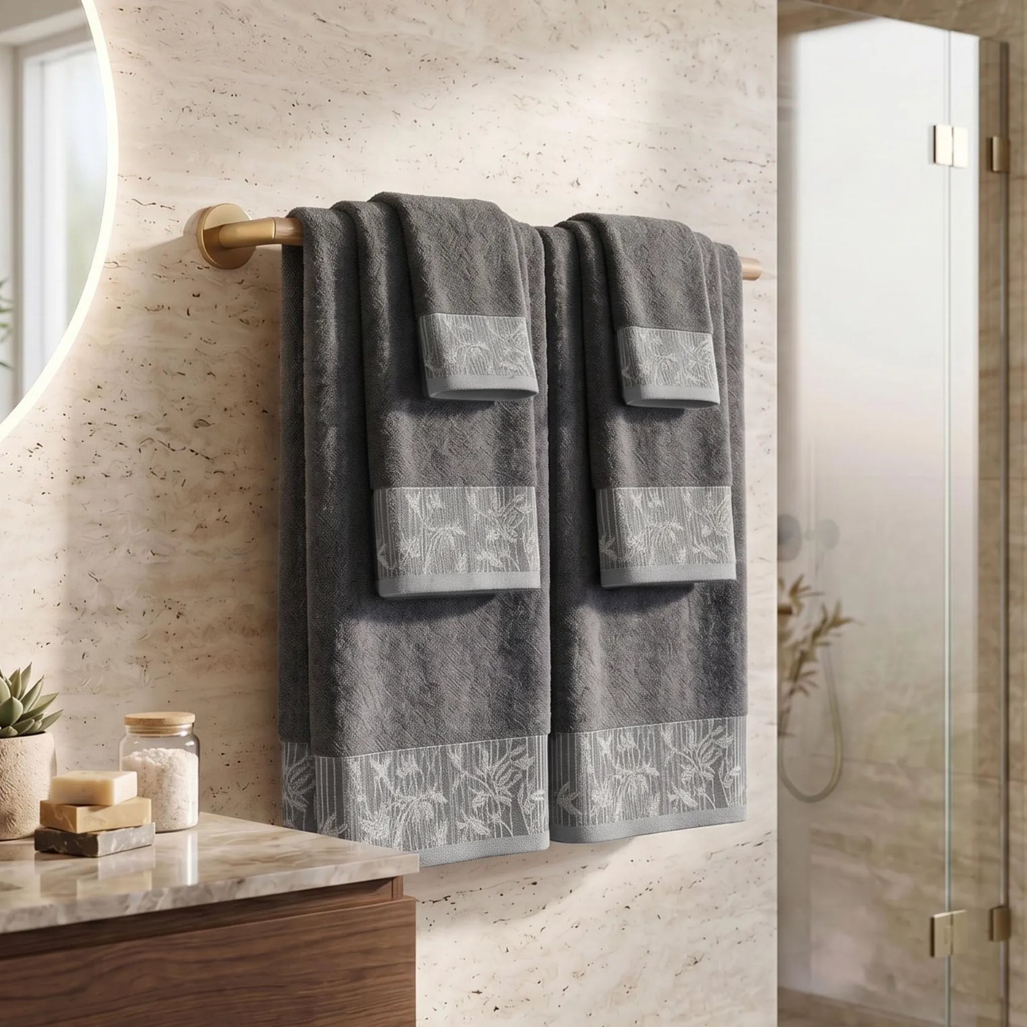 Wisteria Floral Jacquard 6-Piece Cotton Towel Set – Medium Weight Bathroom Towels
