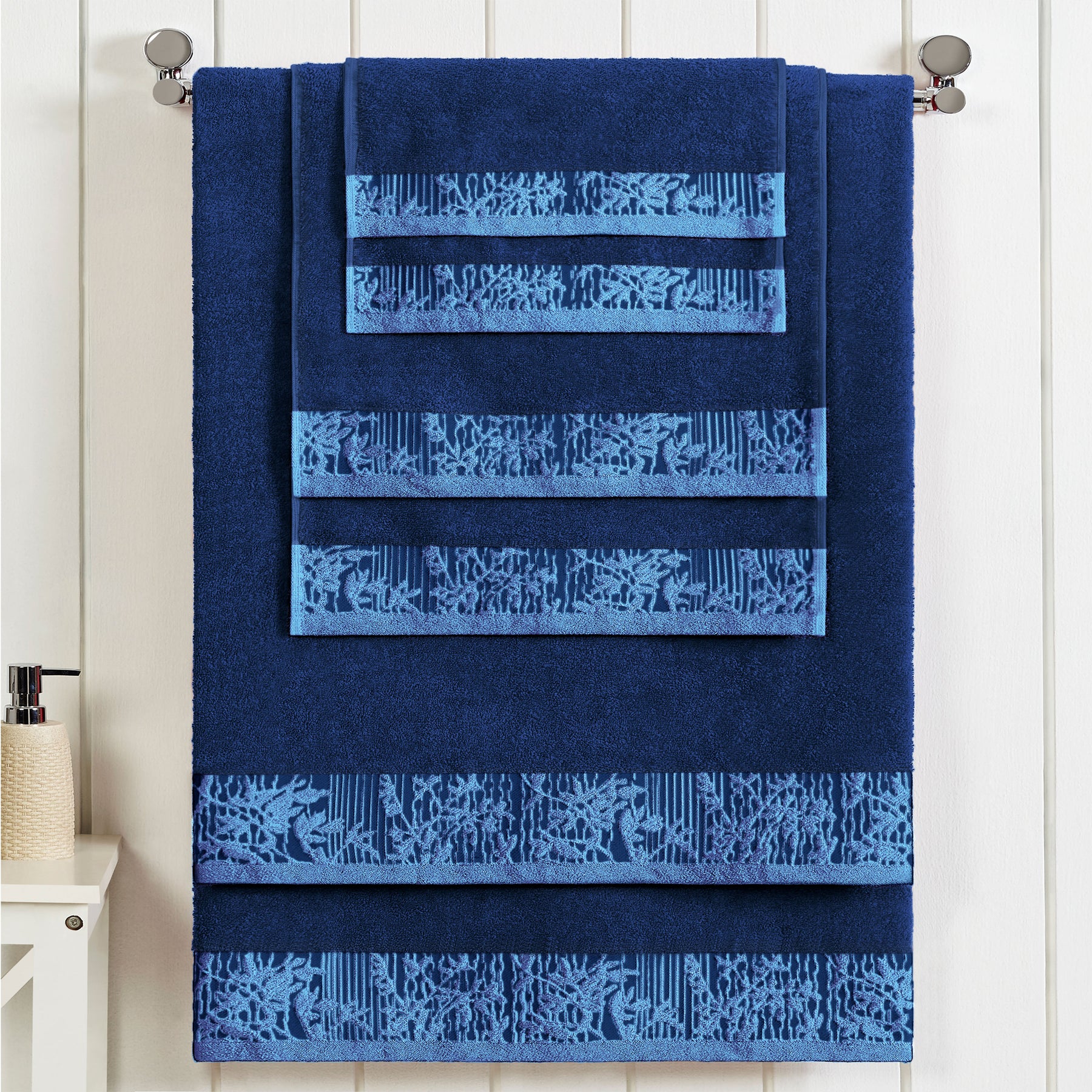 Superior Wisteria Cotton Floral Jacquard 6 Piece Towel Set  - Navy Blue