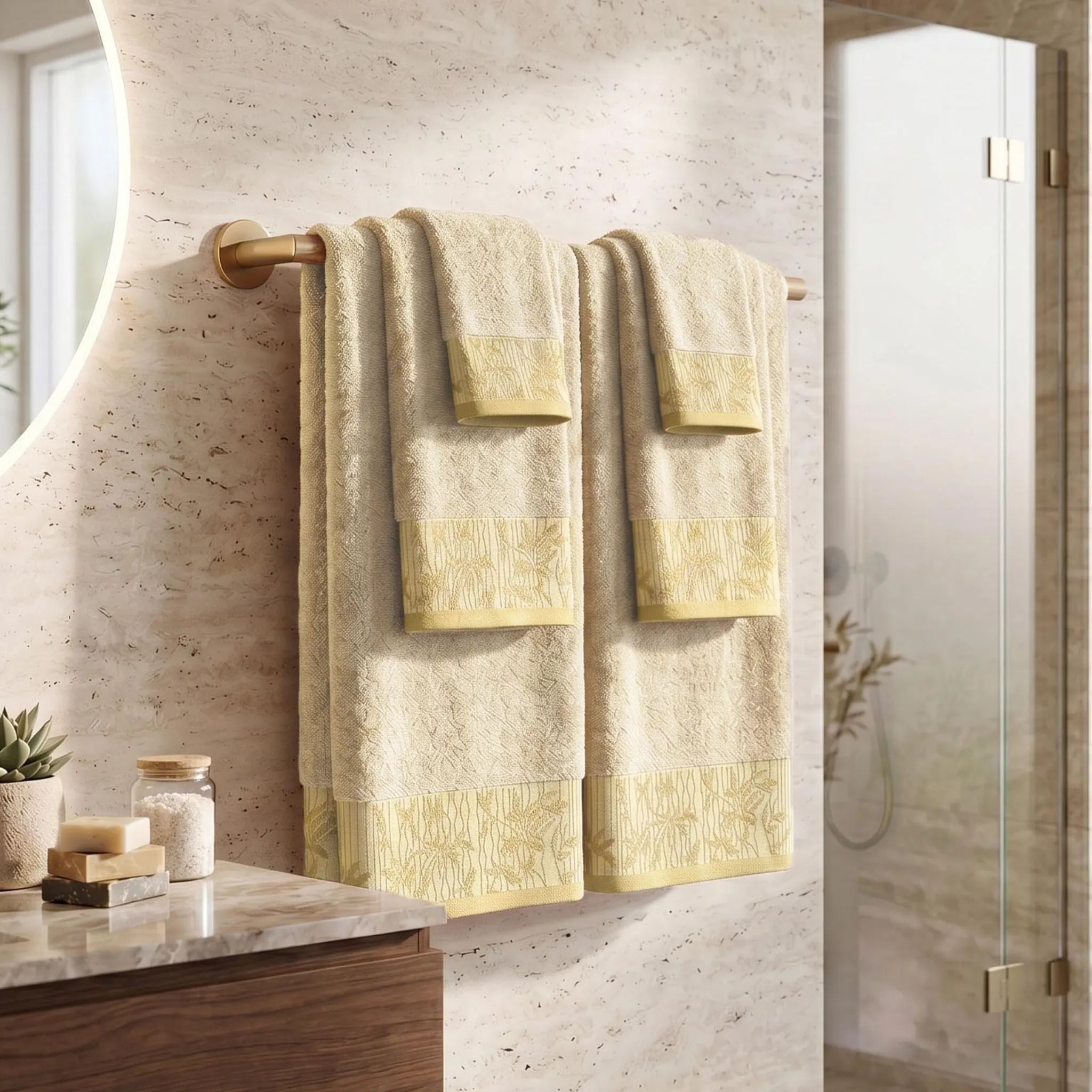 Wisteria Floral Jacquard 6-Piece Cotton Towel Set – Medium Weight Bathroom Towels