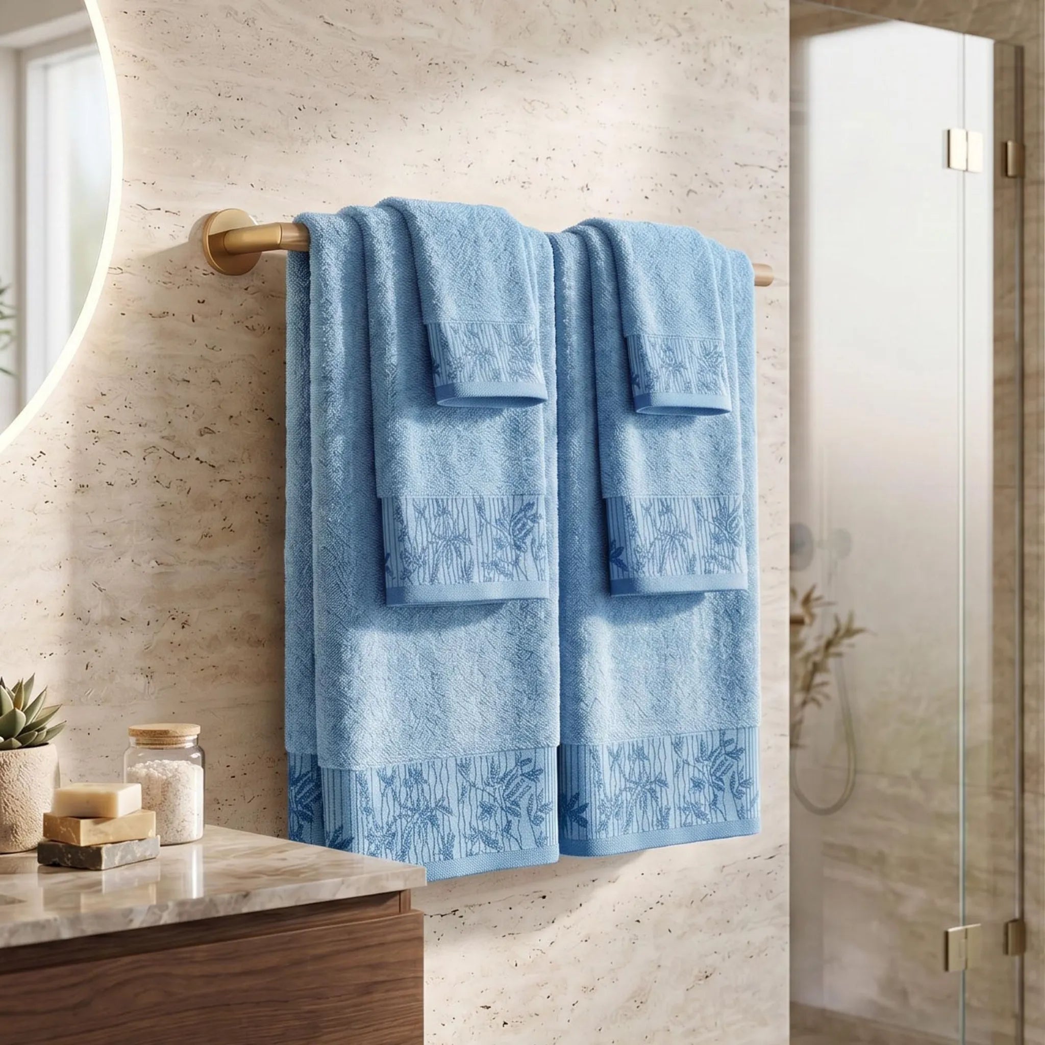 Wisteria Floral Jacquard 6-Piece Cotton Towel Set – Medium Weight Bathroom Towels