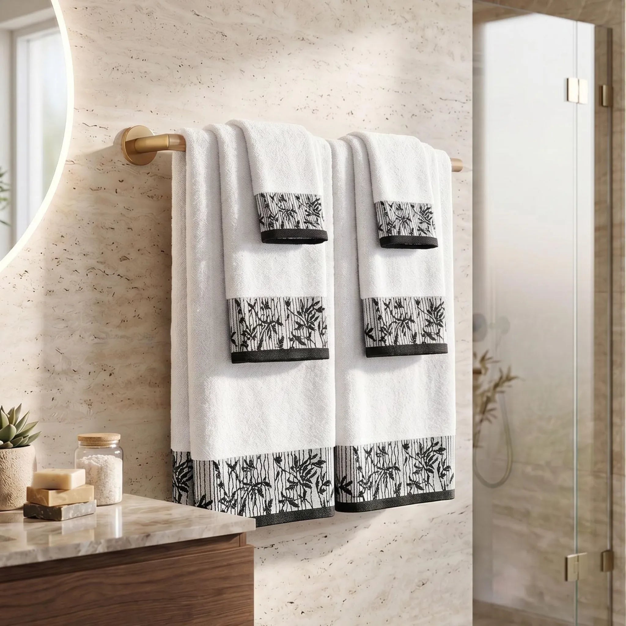 Wisteria Floral Jacquard 6-Piece Cotton Towel Set – Medium Weight Bathroom Towels