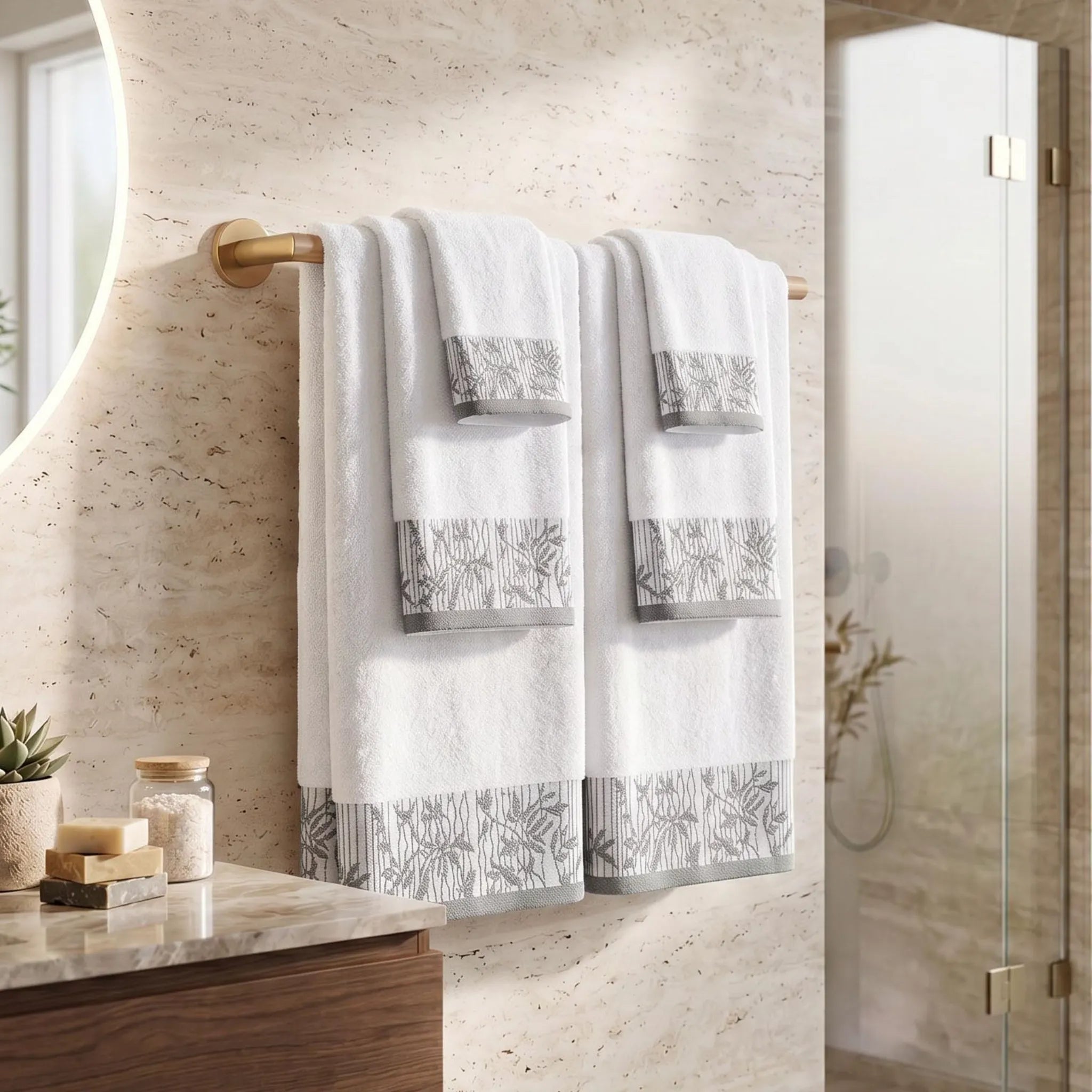 Wisteria Floral Jacquard 6-Piece Cotton Towel Set – Medium Weight Bathroom Towels