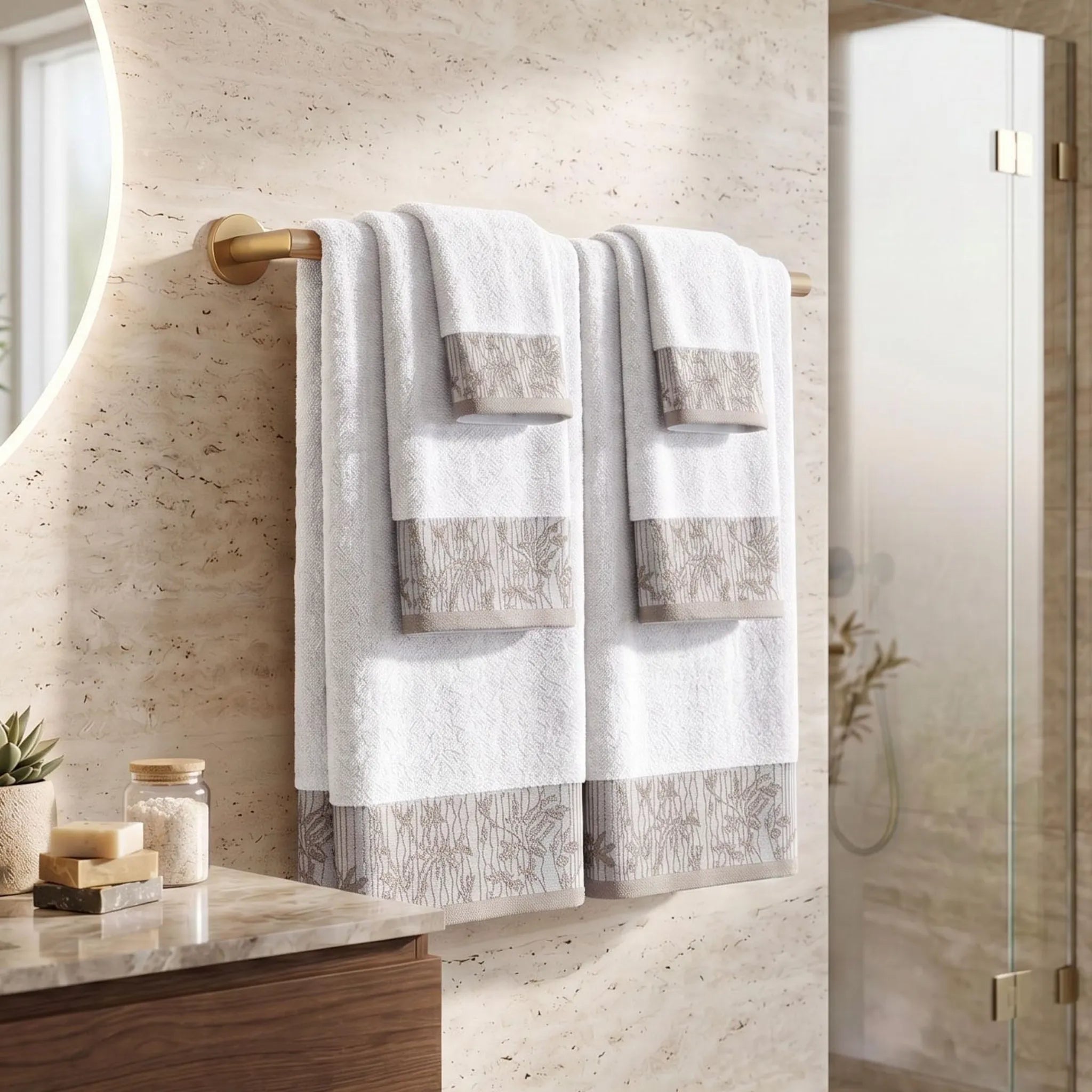 Wisteria Floral Jacquard 6-Piece Cotton Towel Set – Medium Weight Bathroom Towels