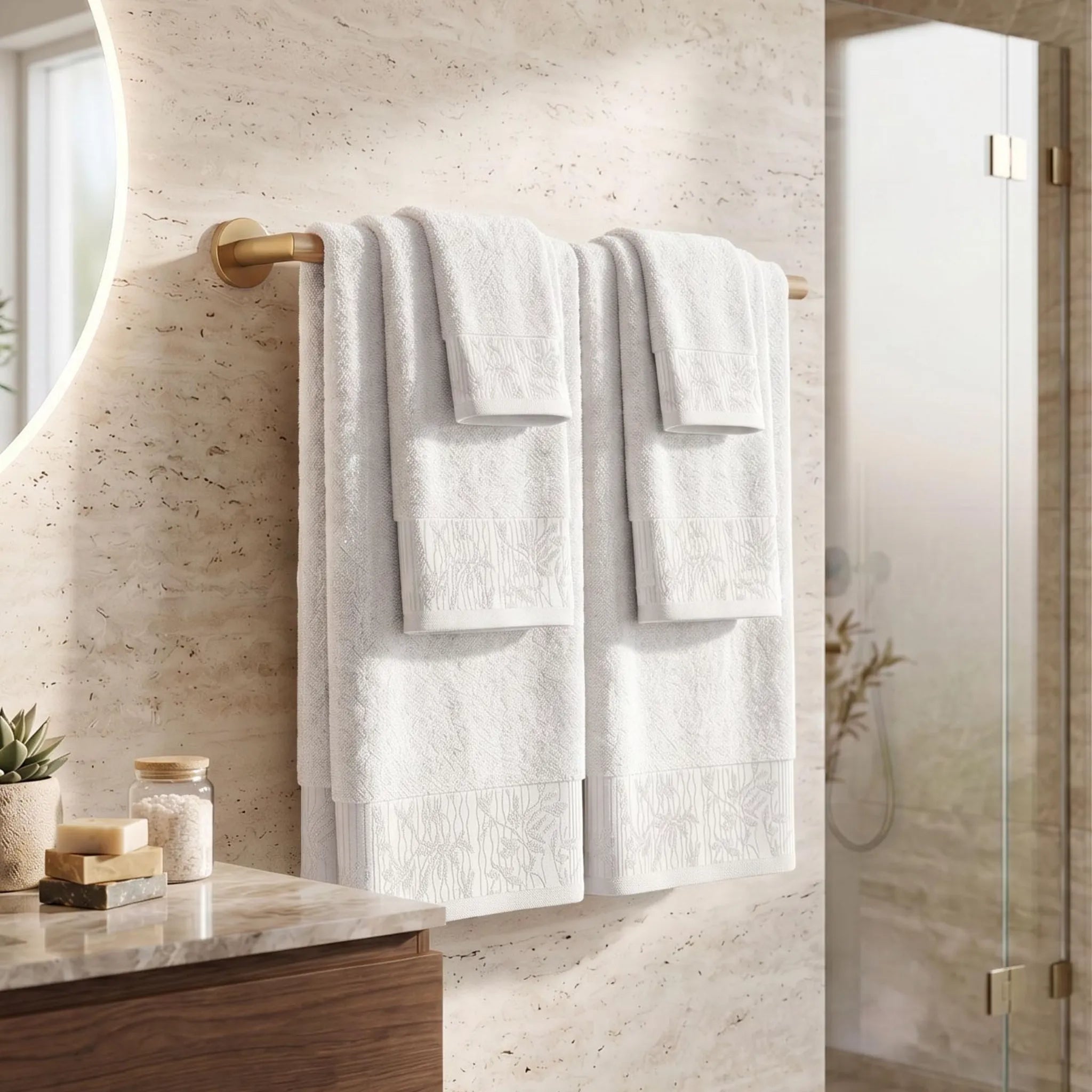 Wisteria Floral Jacquard 6-Piece Cotton Towel Set – Medium Weight Bathroom Towels