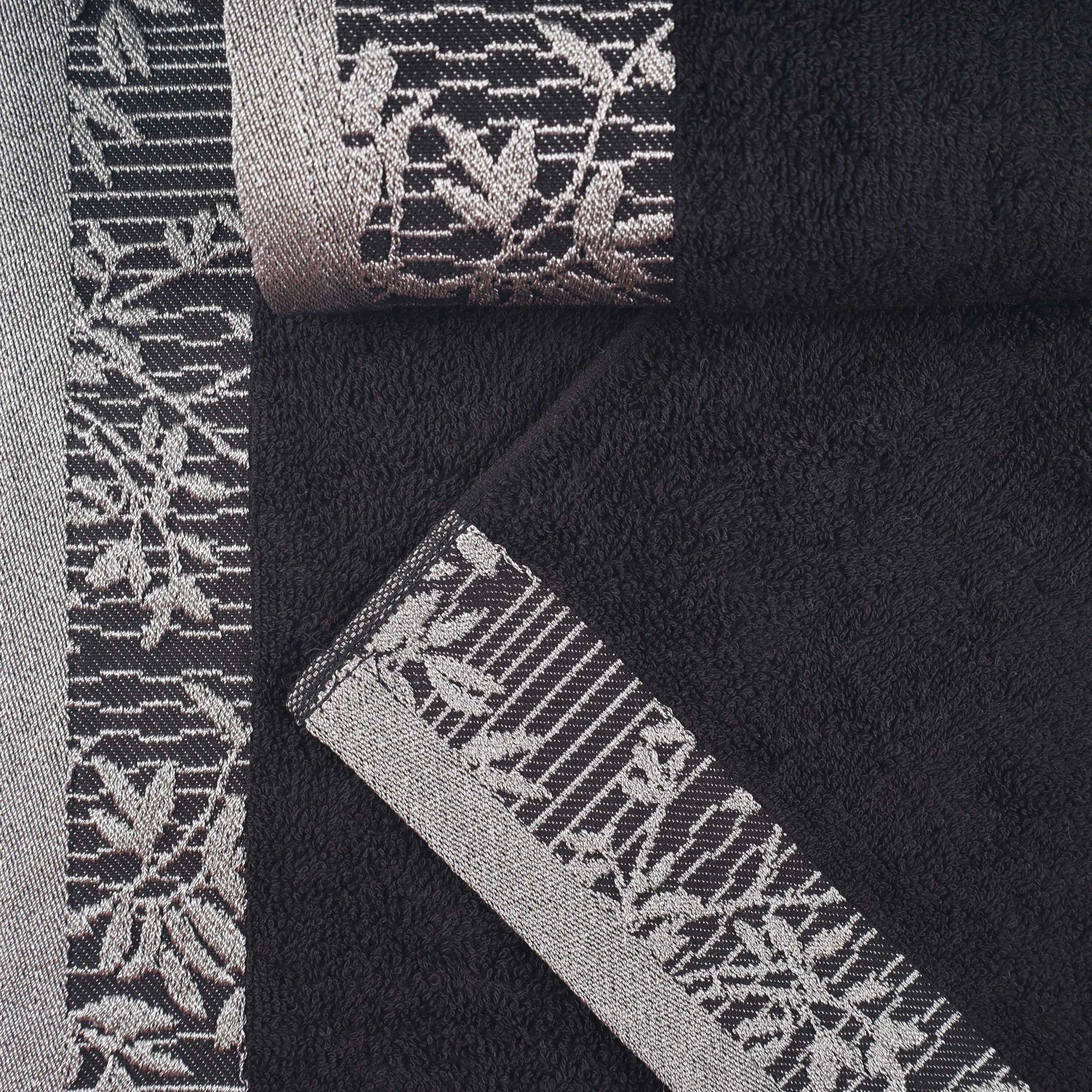 Wisteria Cotton Floral Embroidered Jacquard Border Bath Towel - Black
