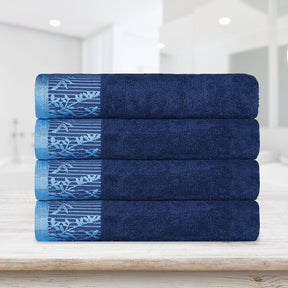 Wisteria Cotton Floral Embroidered Jacquard Border Bath Towel - Navy Blue