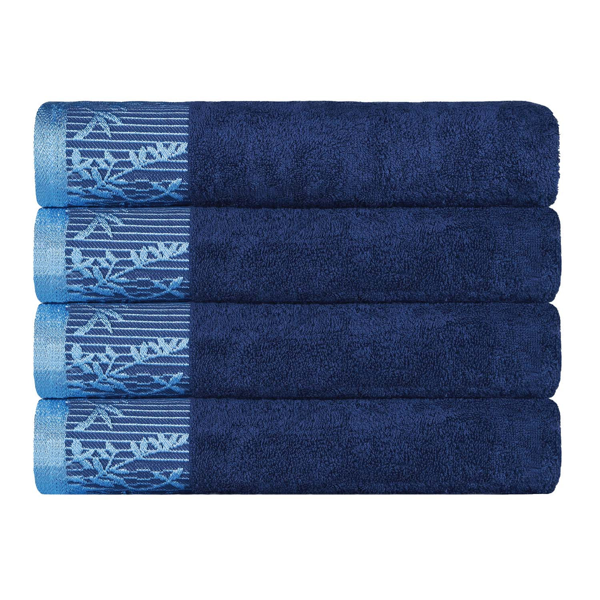 Wisteria Cotton Floral Embroidered Jacquard Border Bath Towel - Navy Blue