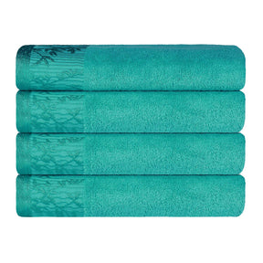 Wisteria Cotton Floral Embroidered Jacquard Border Bath Towel - Turquoise