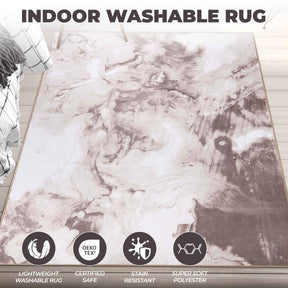 Yuma Abstract Marble Washable Indoor Area Rug or Runner Rug - Beige