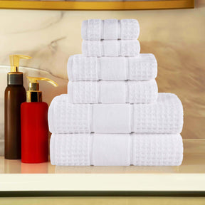 Zero Twist Cotton Waffle Honeycomb Plush Absorbent 6 Piece Towel Set -White