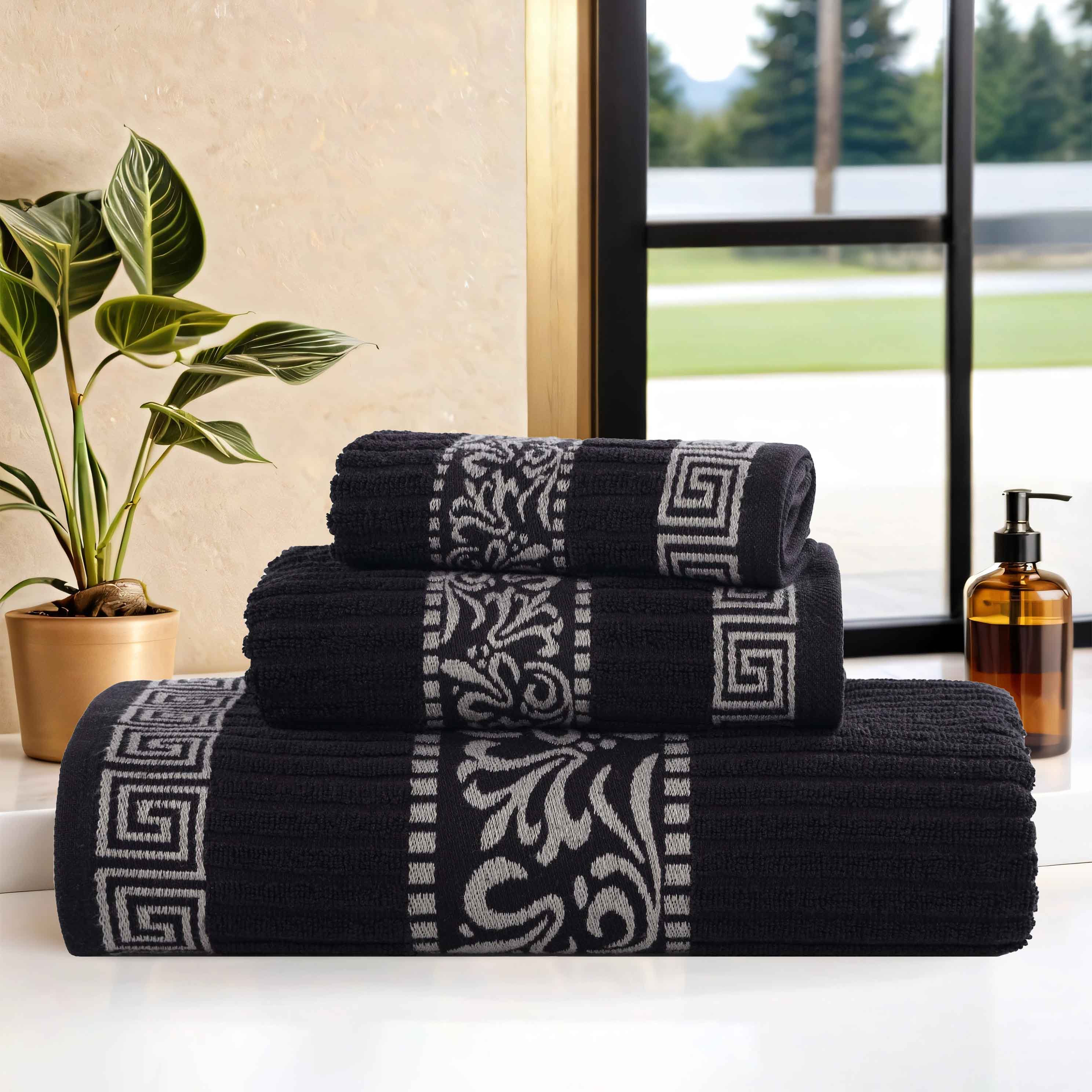Athens Cotton Medium Weight Floral Greek Key Trim 3 Piece Towel Set - Towel Set by Superior Brand