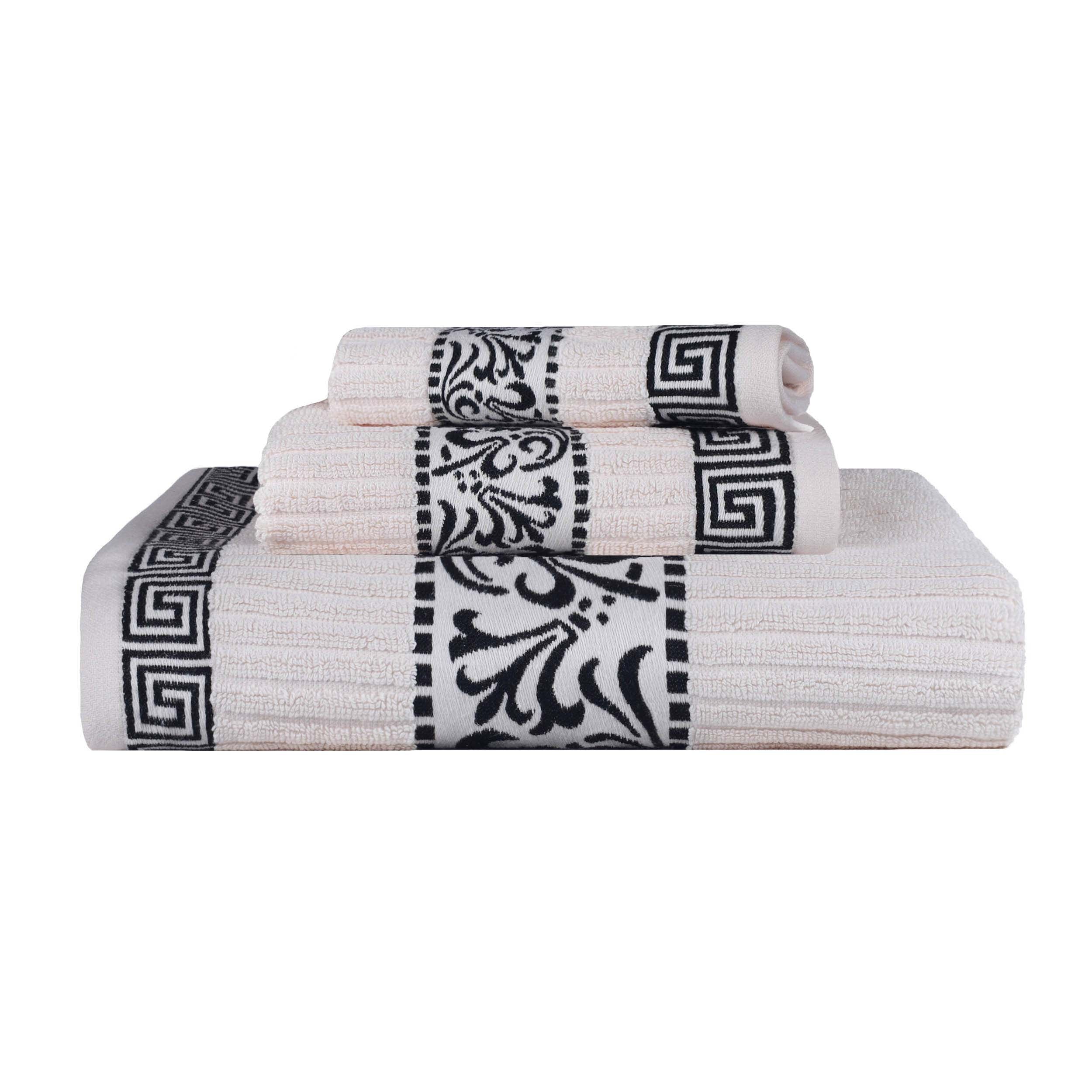 Athens Cotton Medium Weight Floral Greek Key Trim 3 Piece Towel Set - Towel Set by Superior Brand