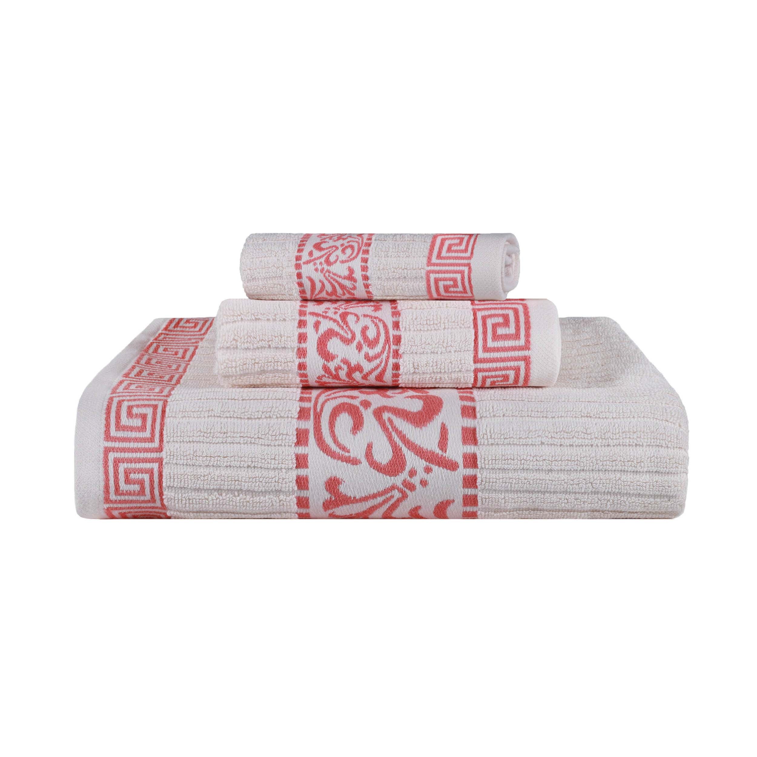 Athens Cotton Medium Weight Floral Greek Key Trim 3 Piece Towel Set - Towel Set by Superior Brand