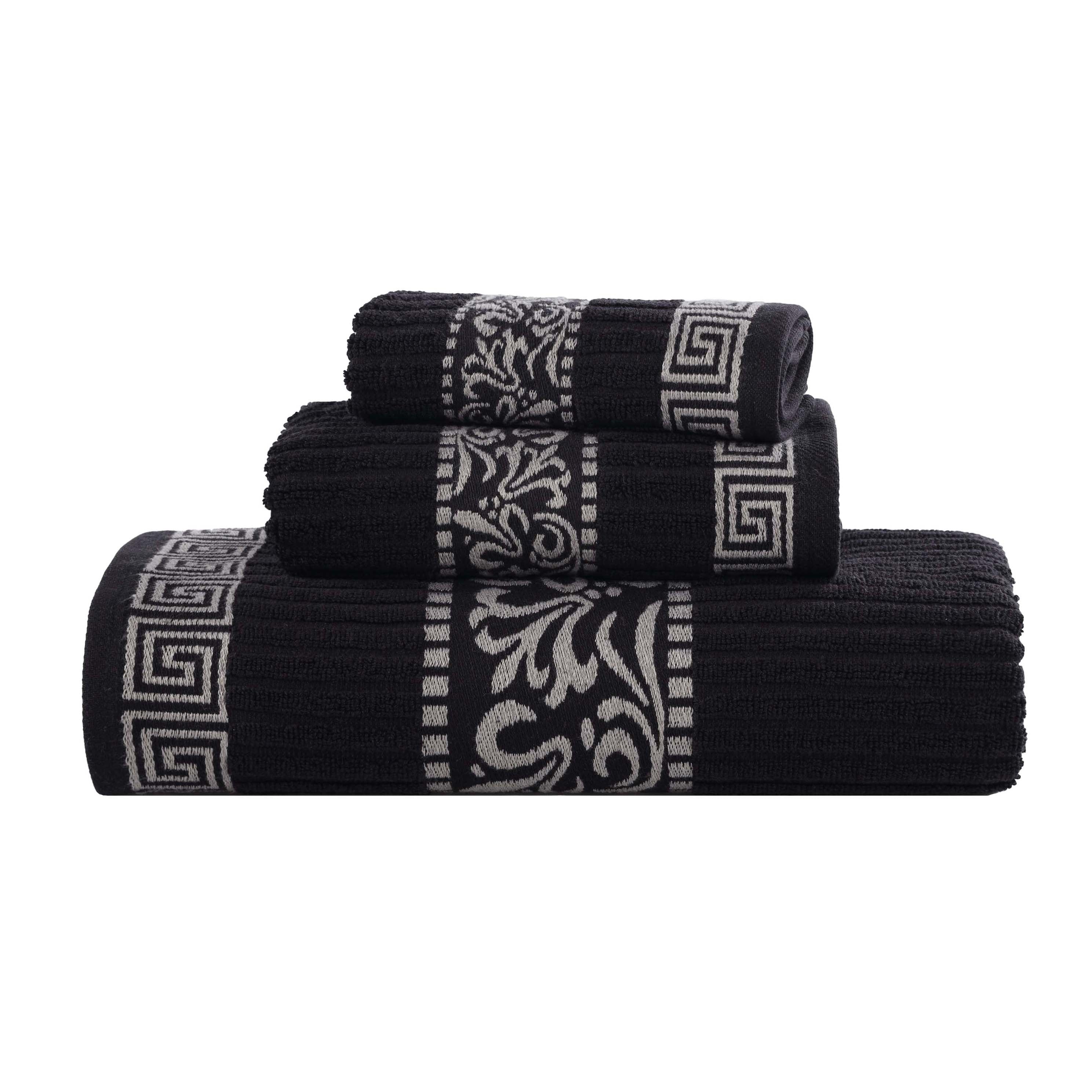 Athens Cotton Medium Weight Floral Greek Key Trim 3 Piece Towel Set - Towel Set by Superior Brand