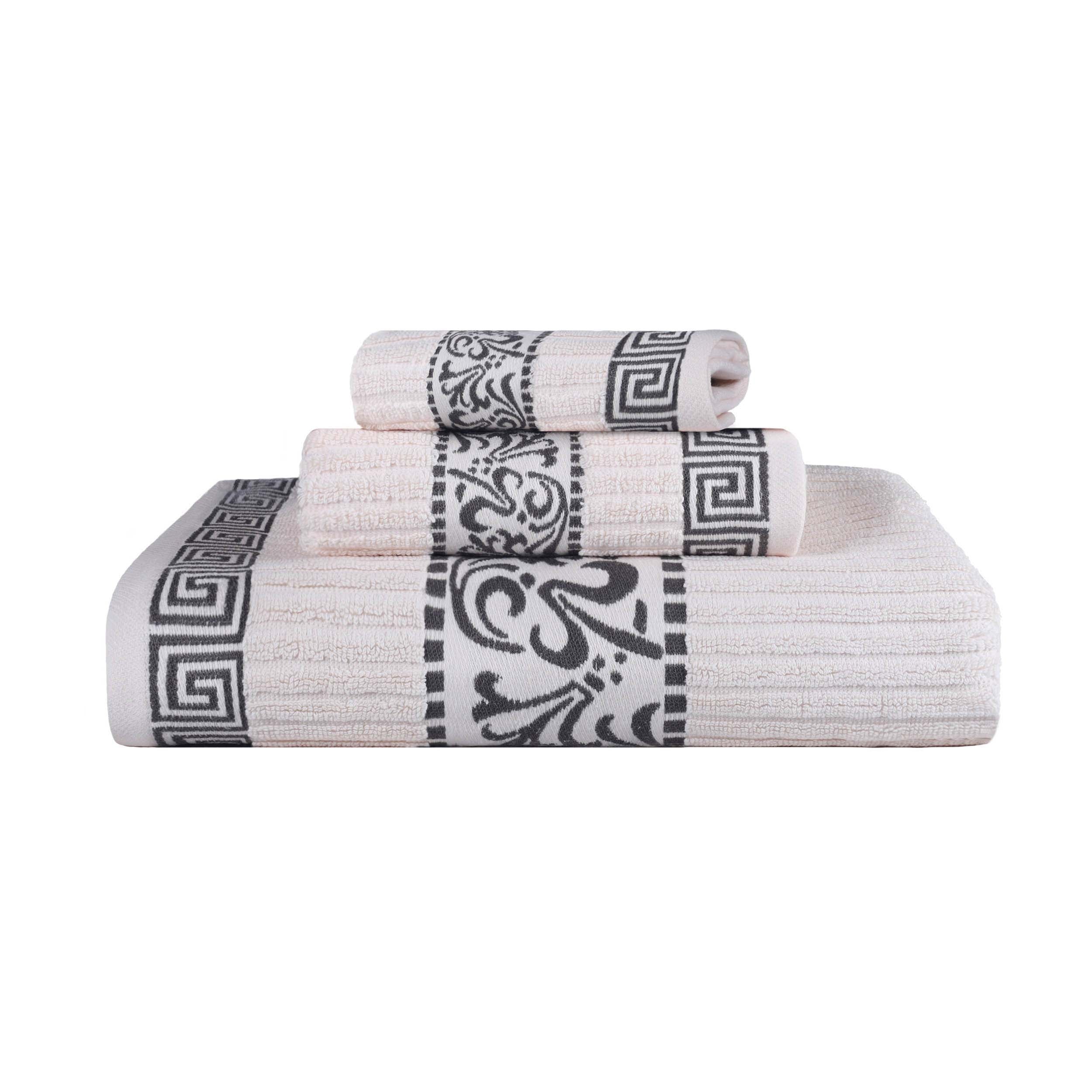 Athens Cotton Medium Weight Floral Greek Key Trim 3 Piece Towel Set - Towel Set by Superior Brand