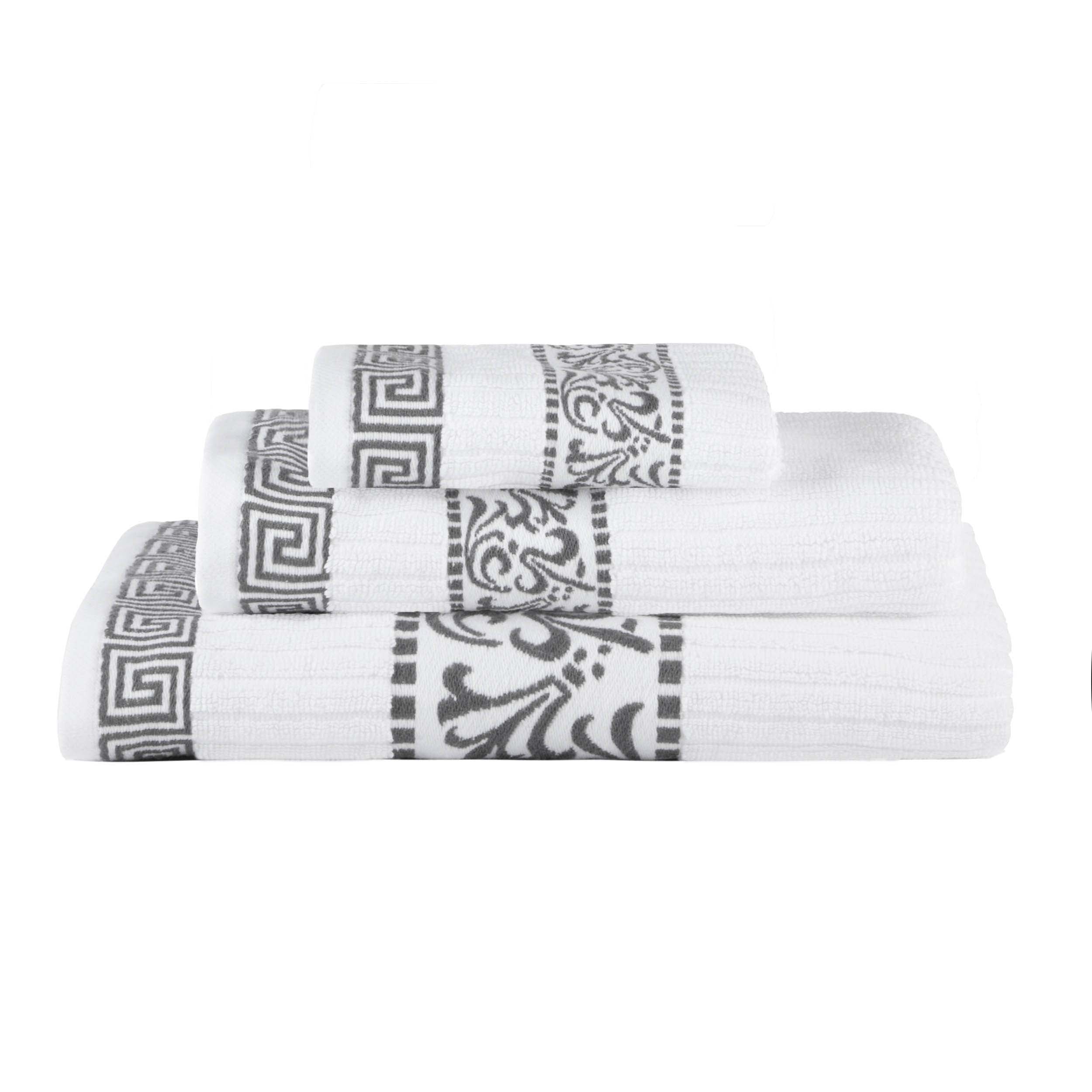 Athens Cotton Medium Weight Floral Greek Key Trim 3 Piece Towel Set - Towel Set by Superior Brand