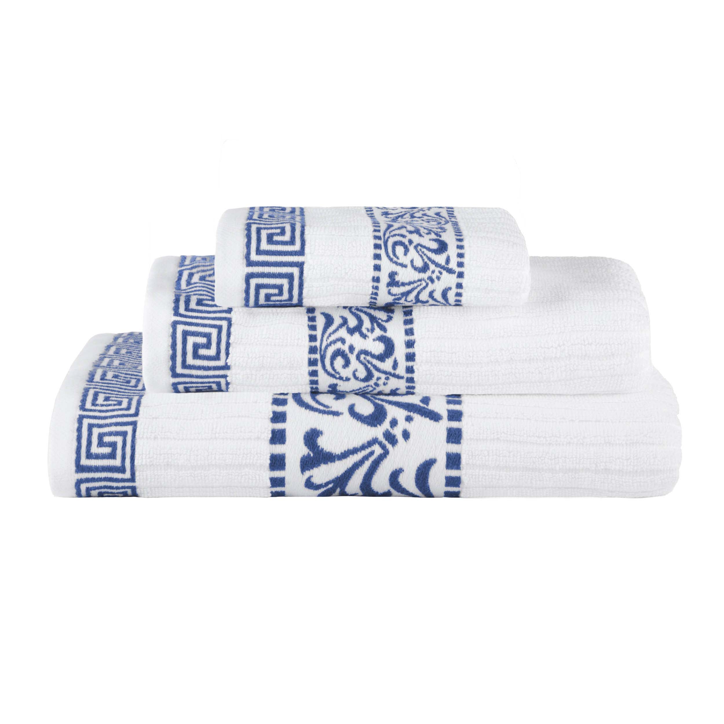 Athens Cotton Medium Weight Floral Greek Key Trim 3 Piece Towel Set - Towel Set by Superior Brand