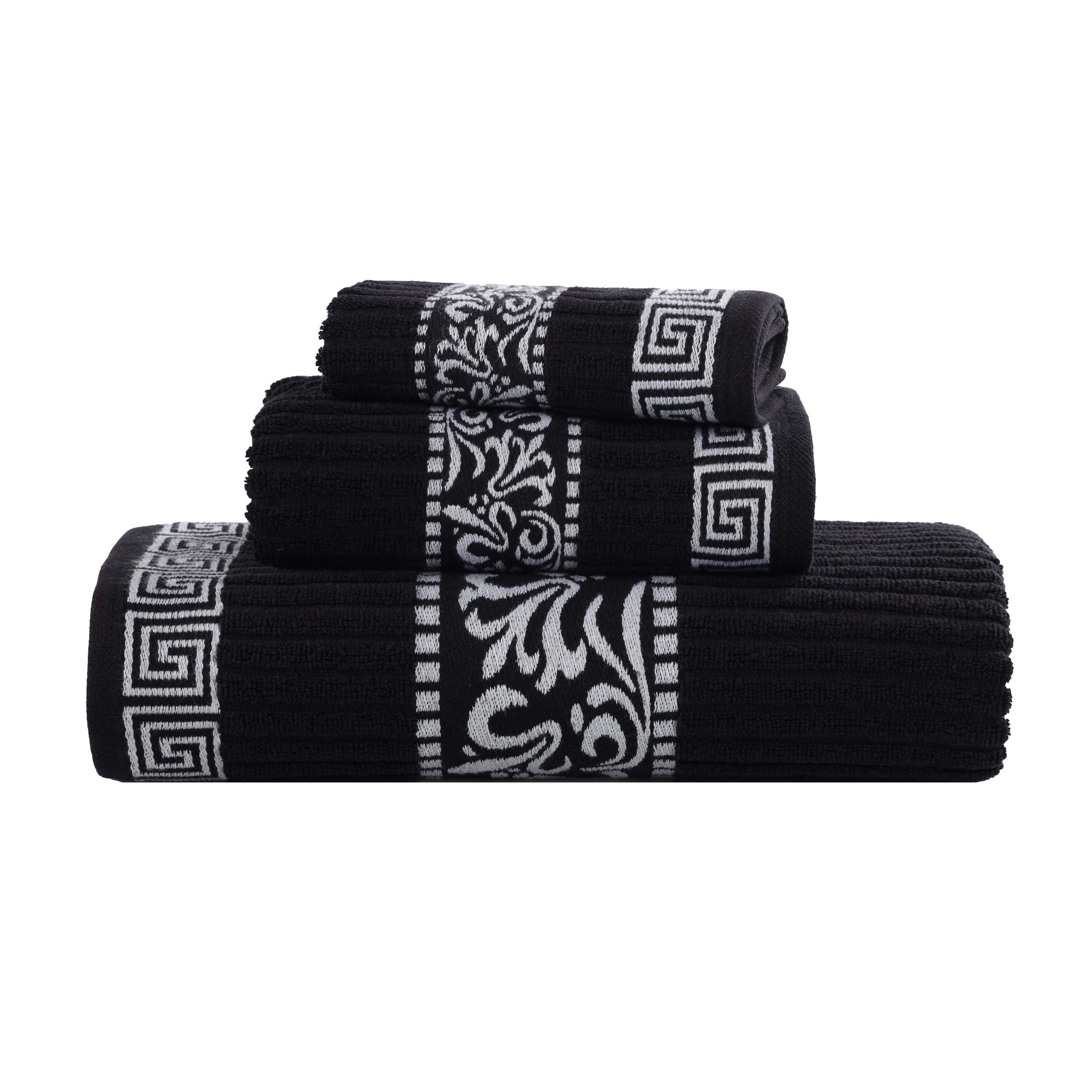 Athens Cotton Medium Weight Floral Greek Key Trim 3 Piece Towel Set - Towel Set by Superior Brand