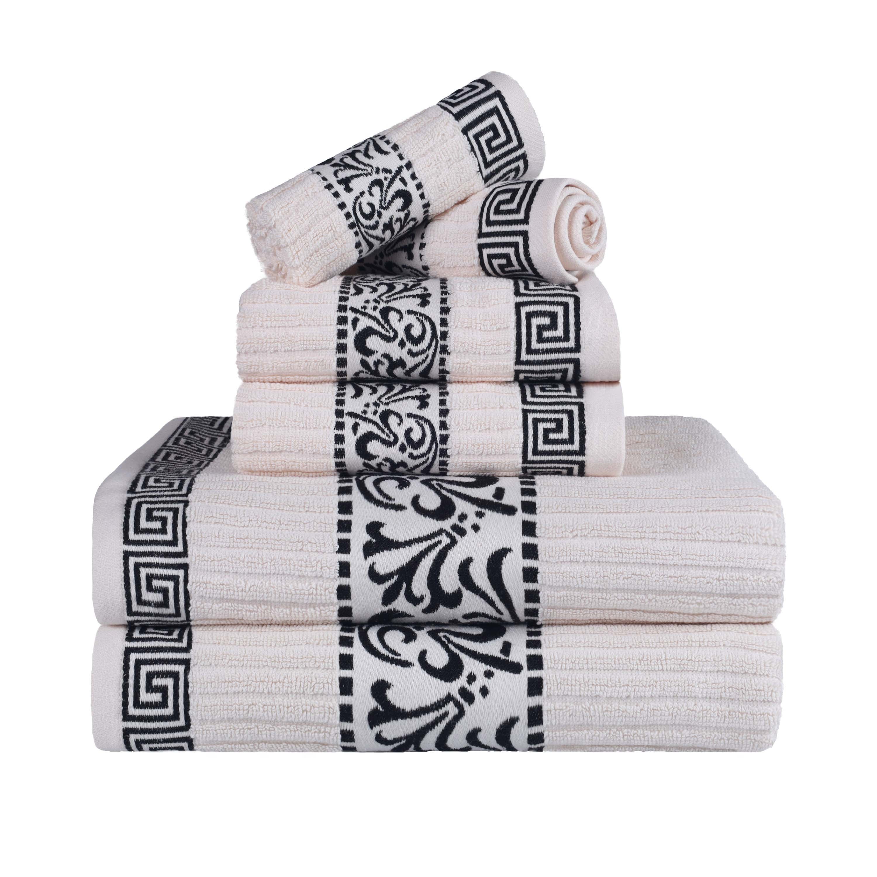 Athens Cotton Medium Weight Floral Greek Key Trim 6 Piece Towel Set - Towel Set by Superior Brand
