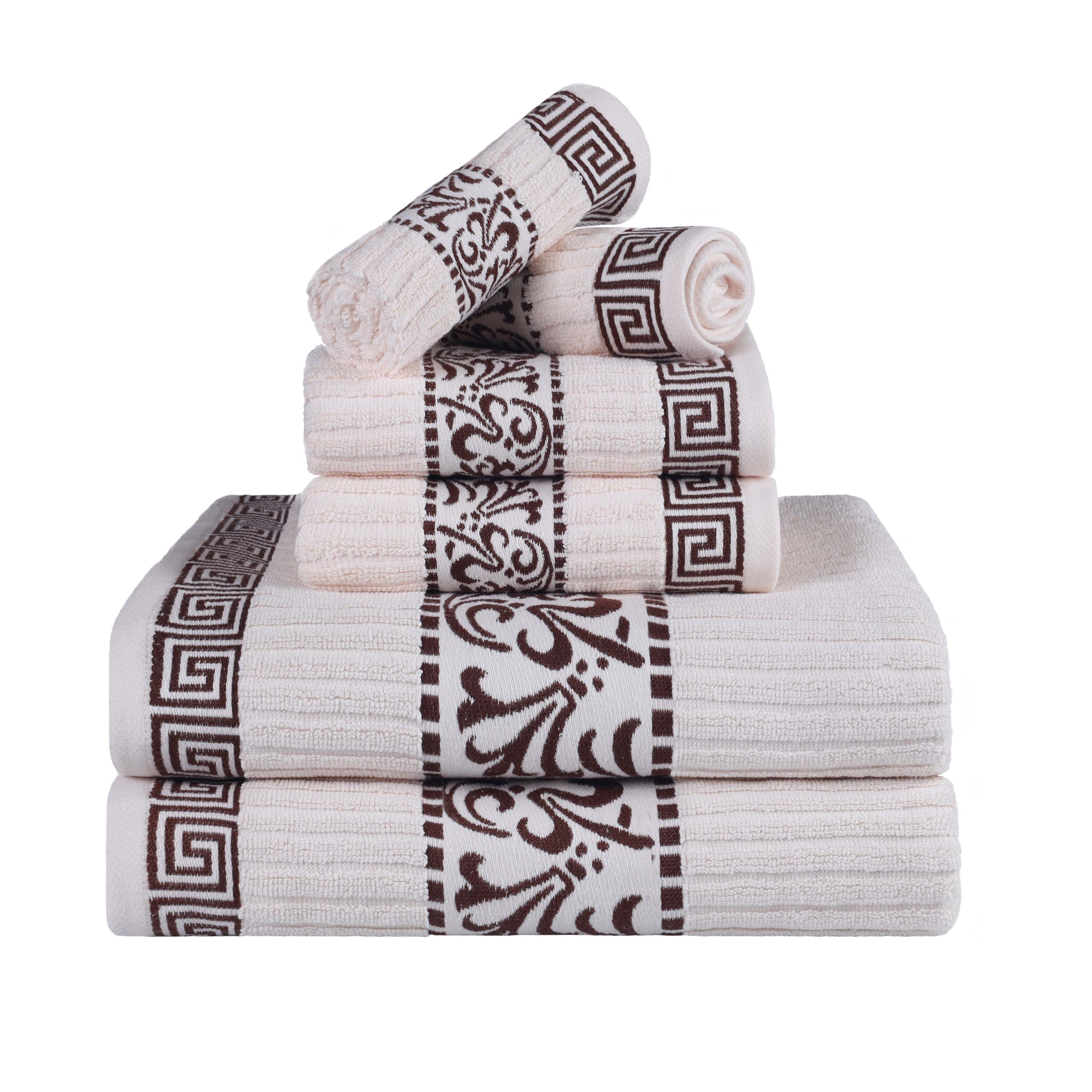 Athens Cotton Medium Weight Floral Greek Key Trim 6 Piece Towel Set - Towel Set by Superior Brand