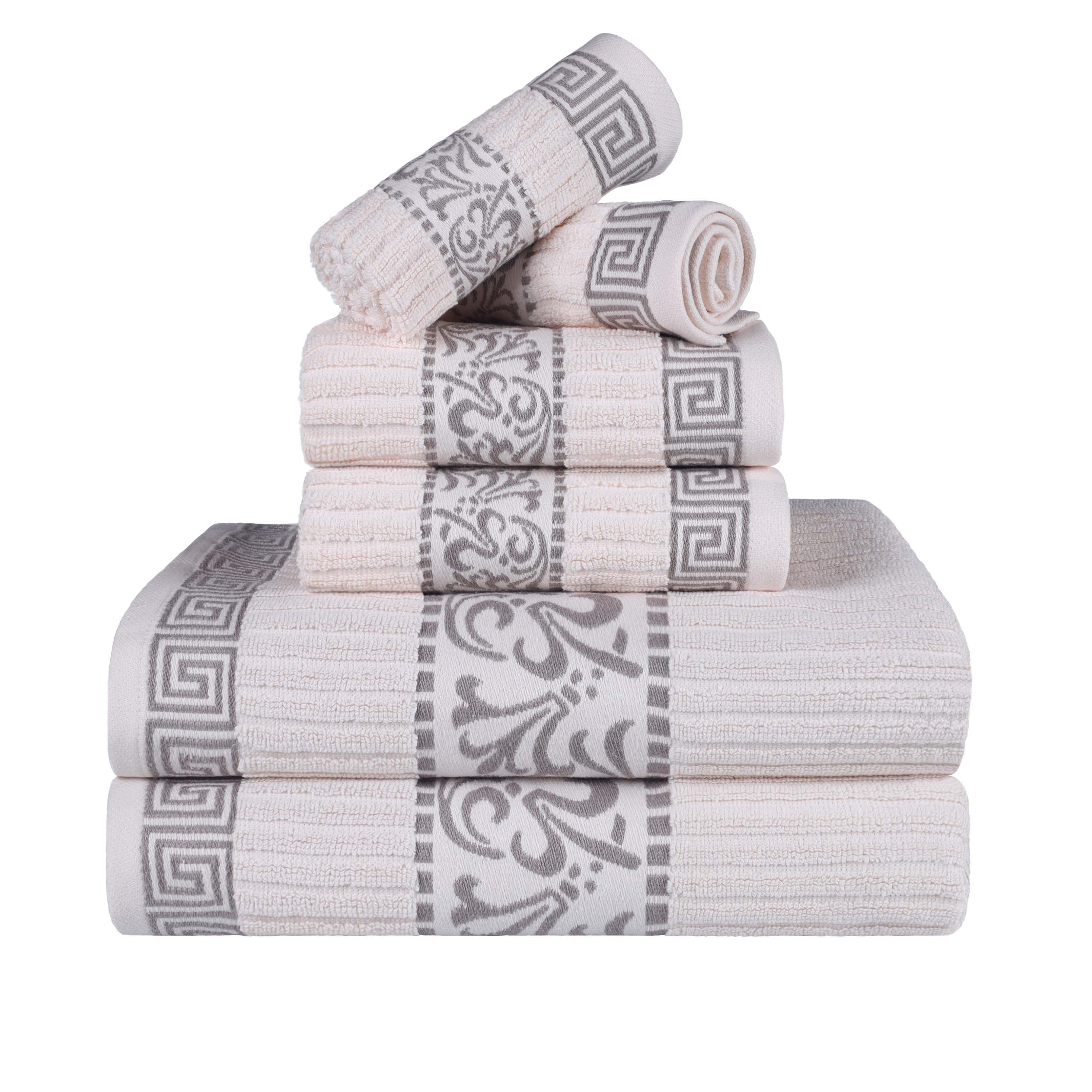 Athens Cotton Medium Weight Floral Greek Key Trim 6 Piece Towel Set - Towel Set by Superior Brand
