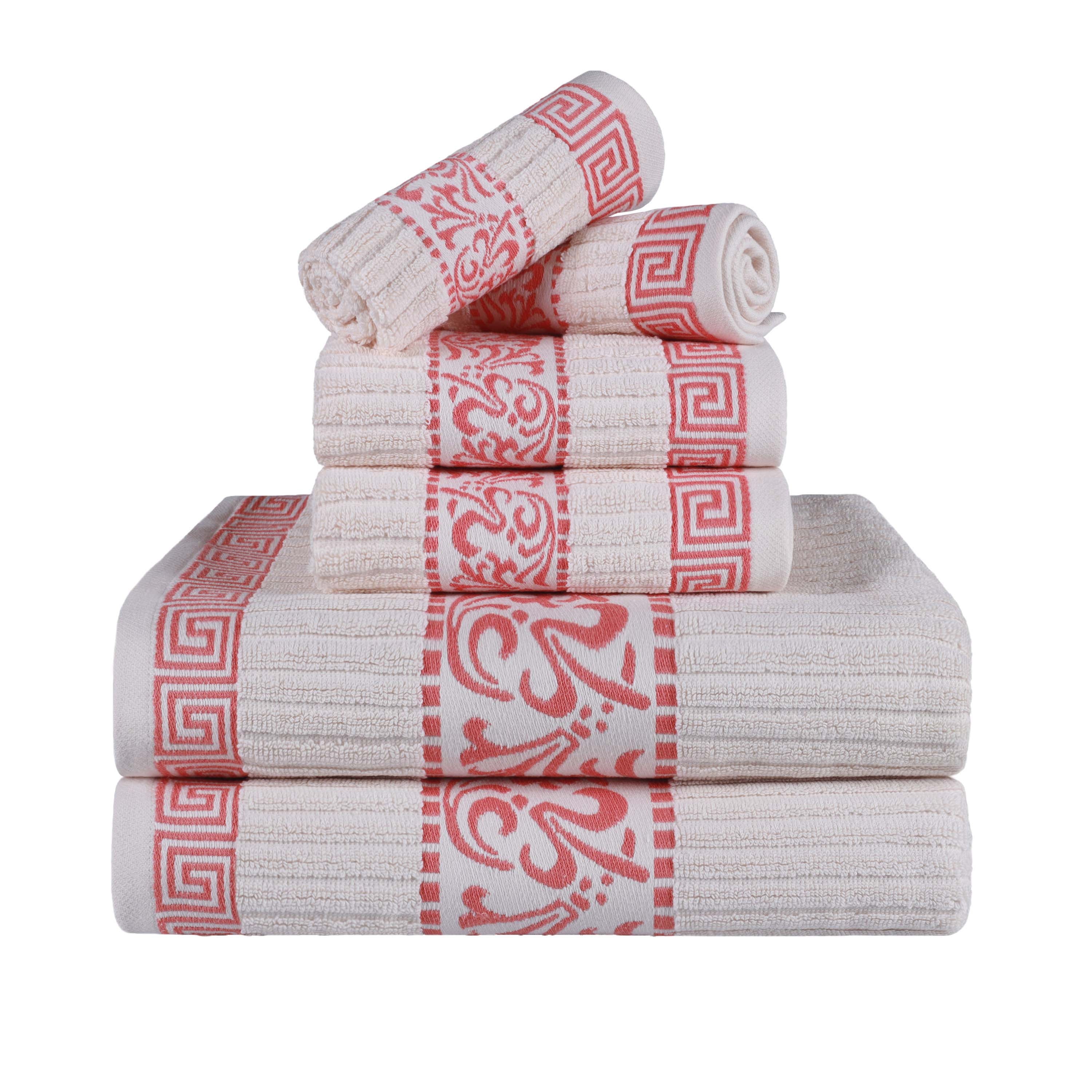 Athens Cotton Medium Weight Floral Greek Key Trim 6 Piece Towel Set - Towel Set by Superior Brand
