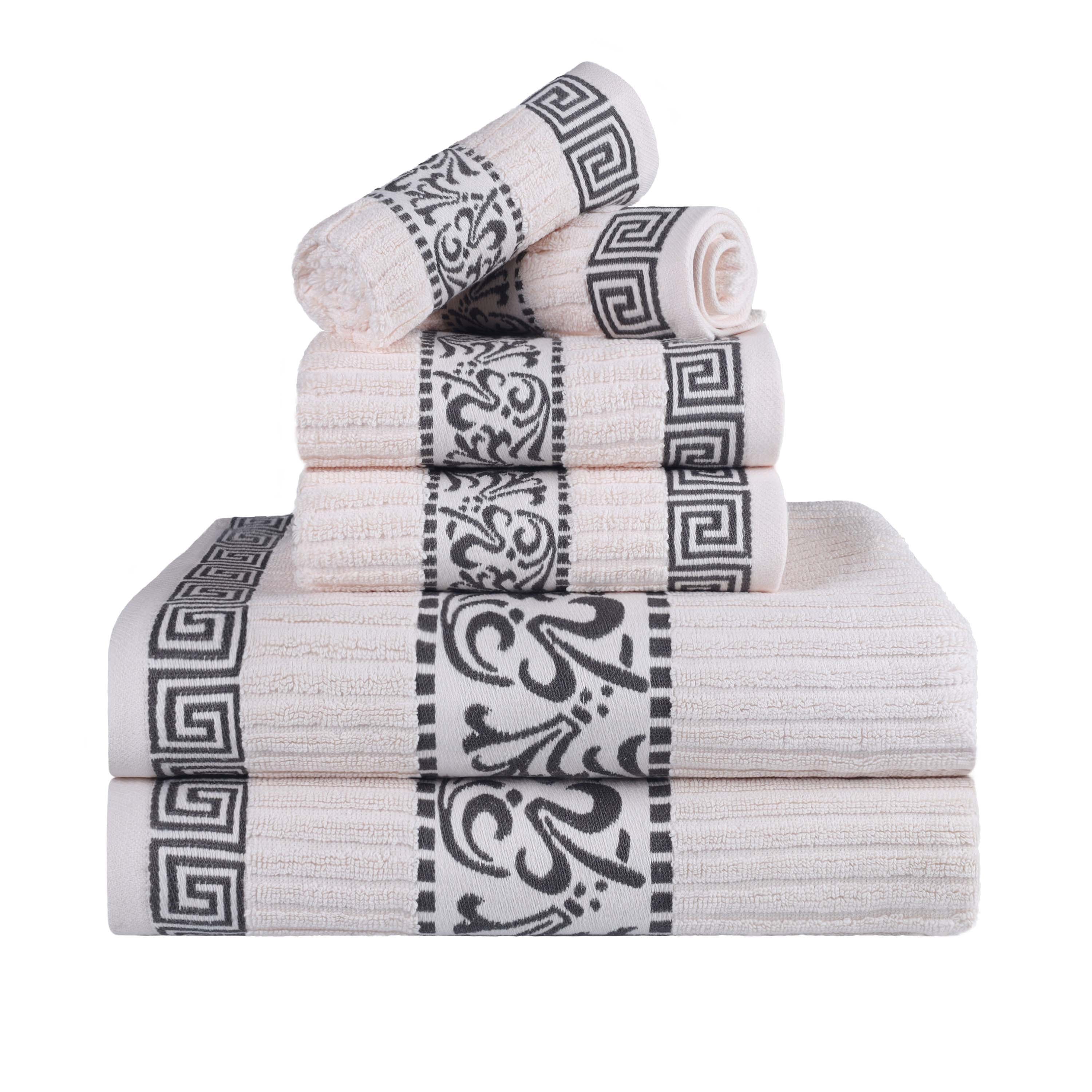 Athens Cotton Medium Weight Floral Greek Key Trim 6 Piece Towel Set - Towel Set by Superior Brand