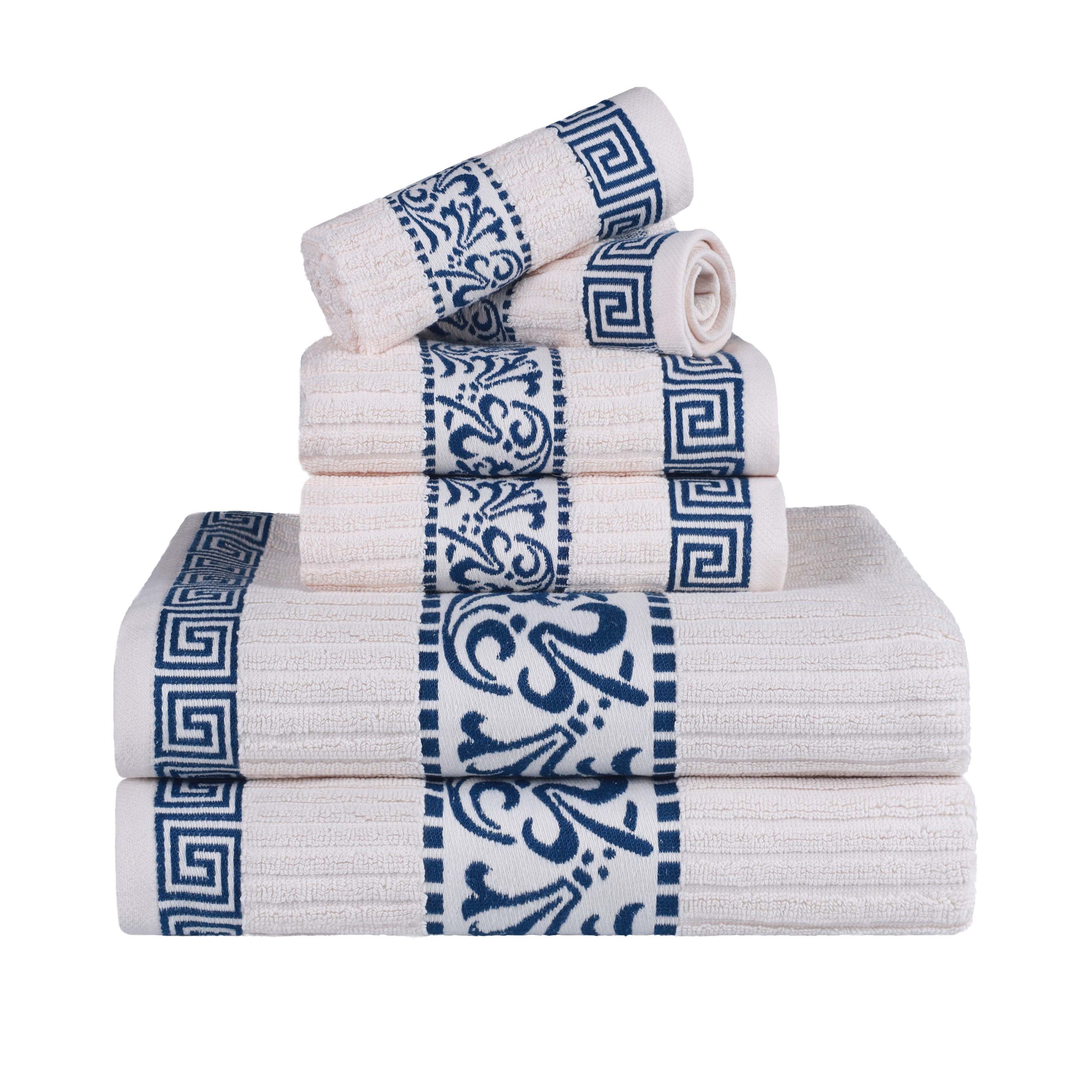 Athens Cotton Medium Weight Floral Greek Key Trim 6 Piece Towel Set - Towel Set by Superior Brand