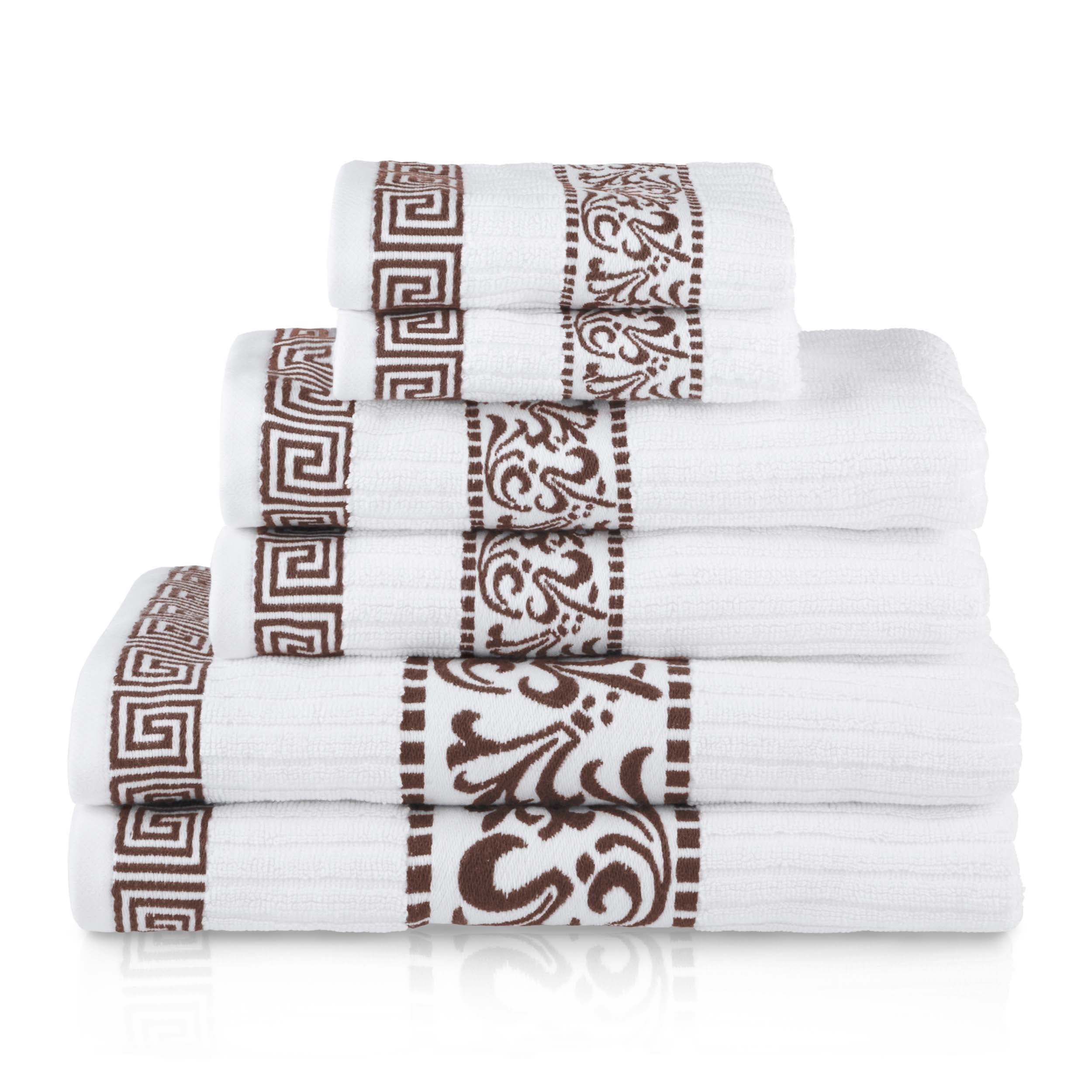 Athens Cotton Medium Weight Floral Greek Key Trim 6 Piece Towel Set - Towel Set by Superior Brand