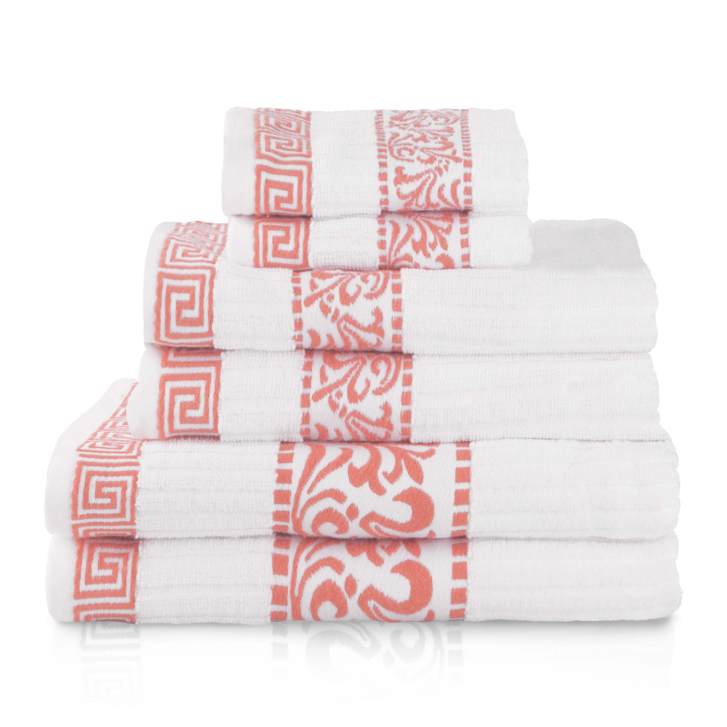 Athens Cotton Medium Weight Floral Greek Key Trim 6 Piece Towel Set - Towel Set by Superior Brand
