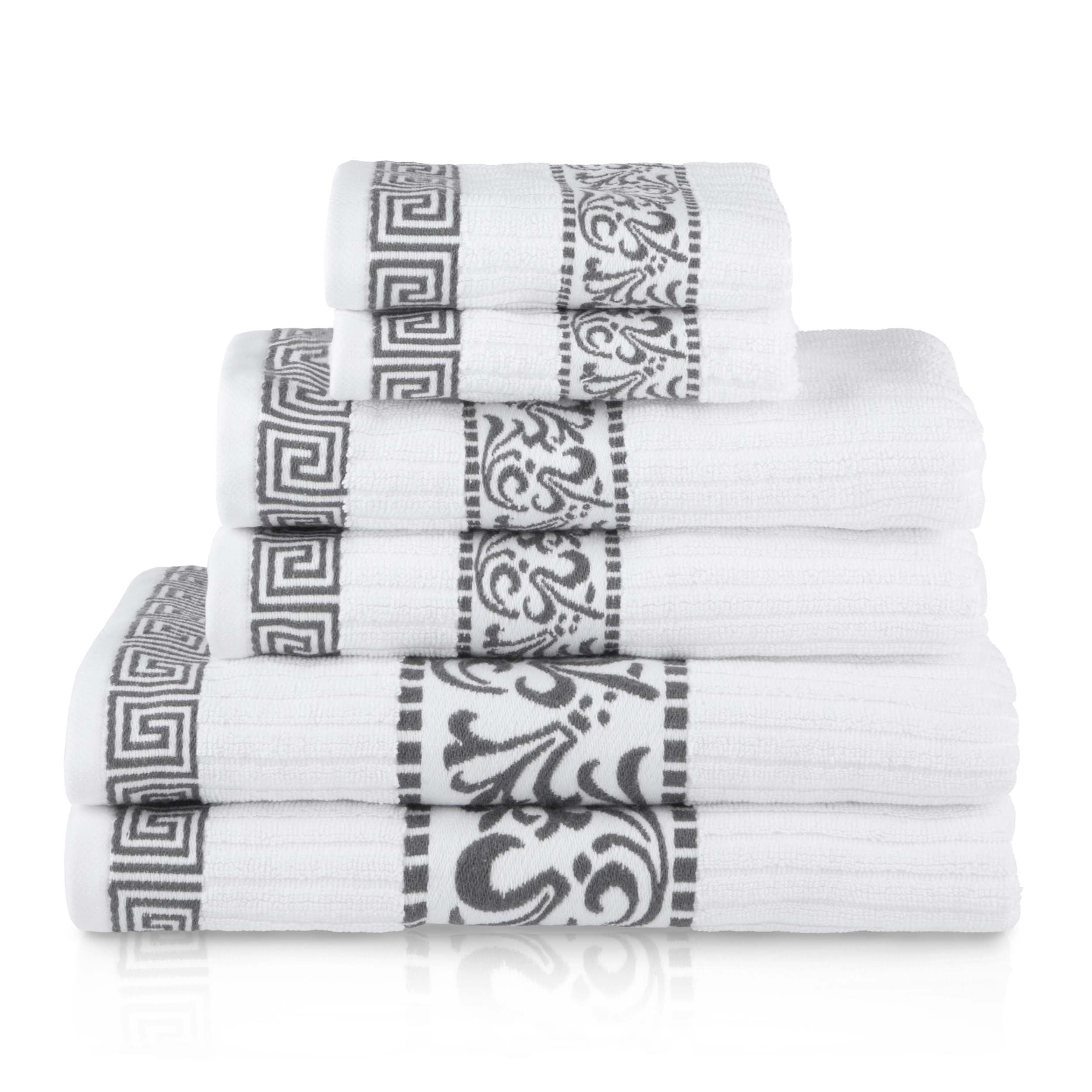 Athens Cotton Medium Weight Floral Greek Key Trim 6 Piece Towel Set - Towel Set by Superior Brand
