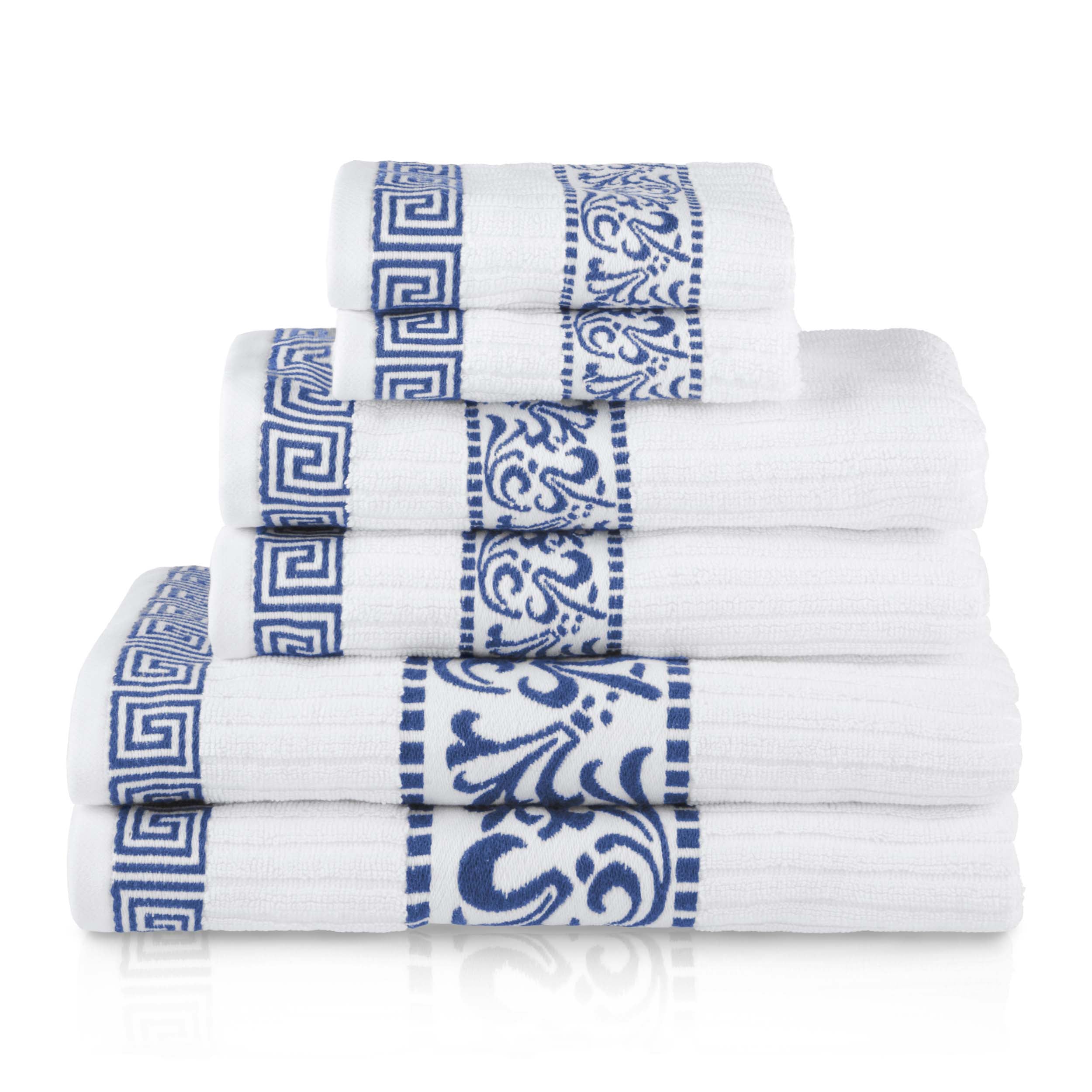 Athens Cotton Medium Weight Floral Greek Key Trim 6 Piece Towel Set - Towel Set by Superior Brand