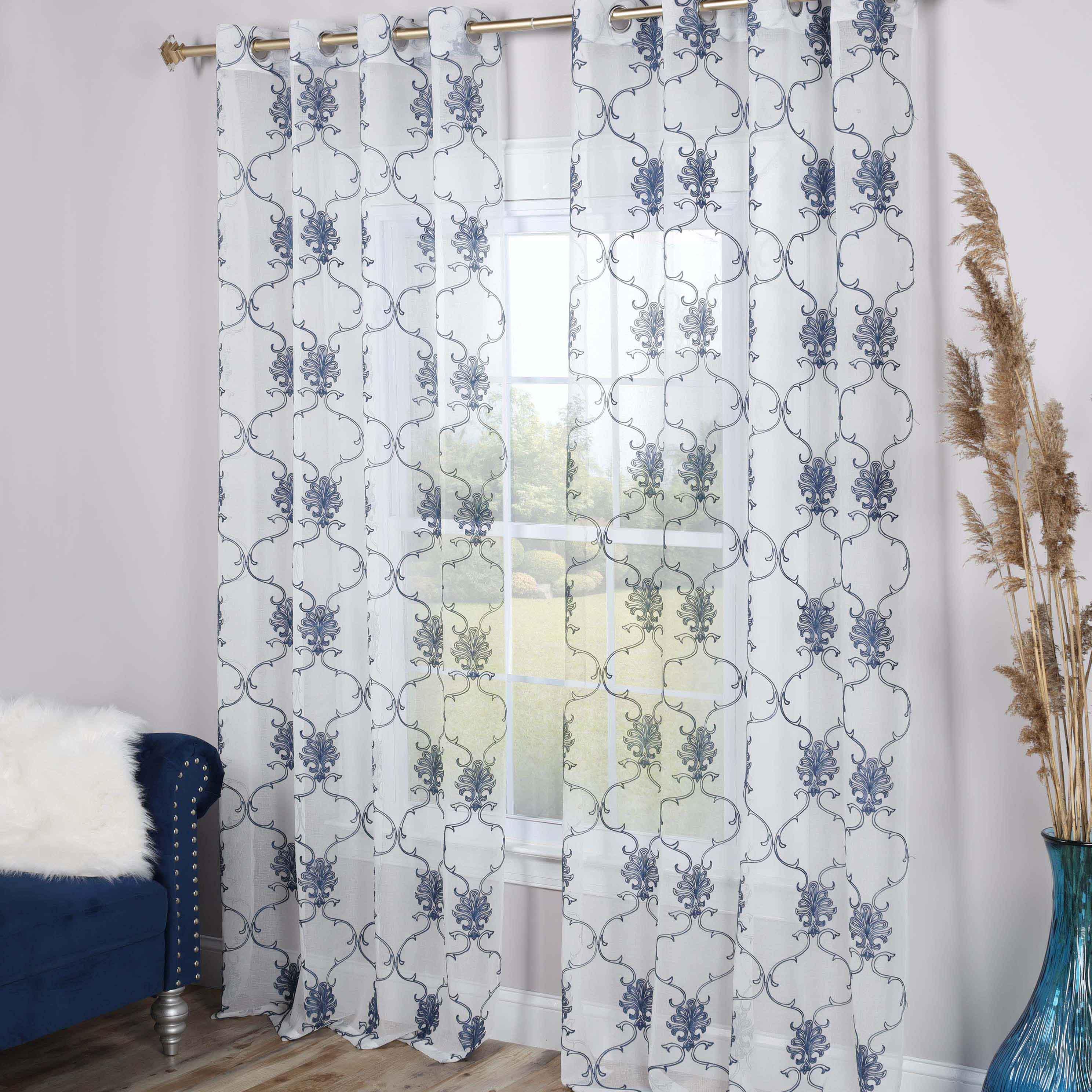 Embroidered Elegant Scroll Sheer Grommet Curtain Panel Set - Sheer Curtains by Superior Brand